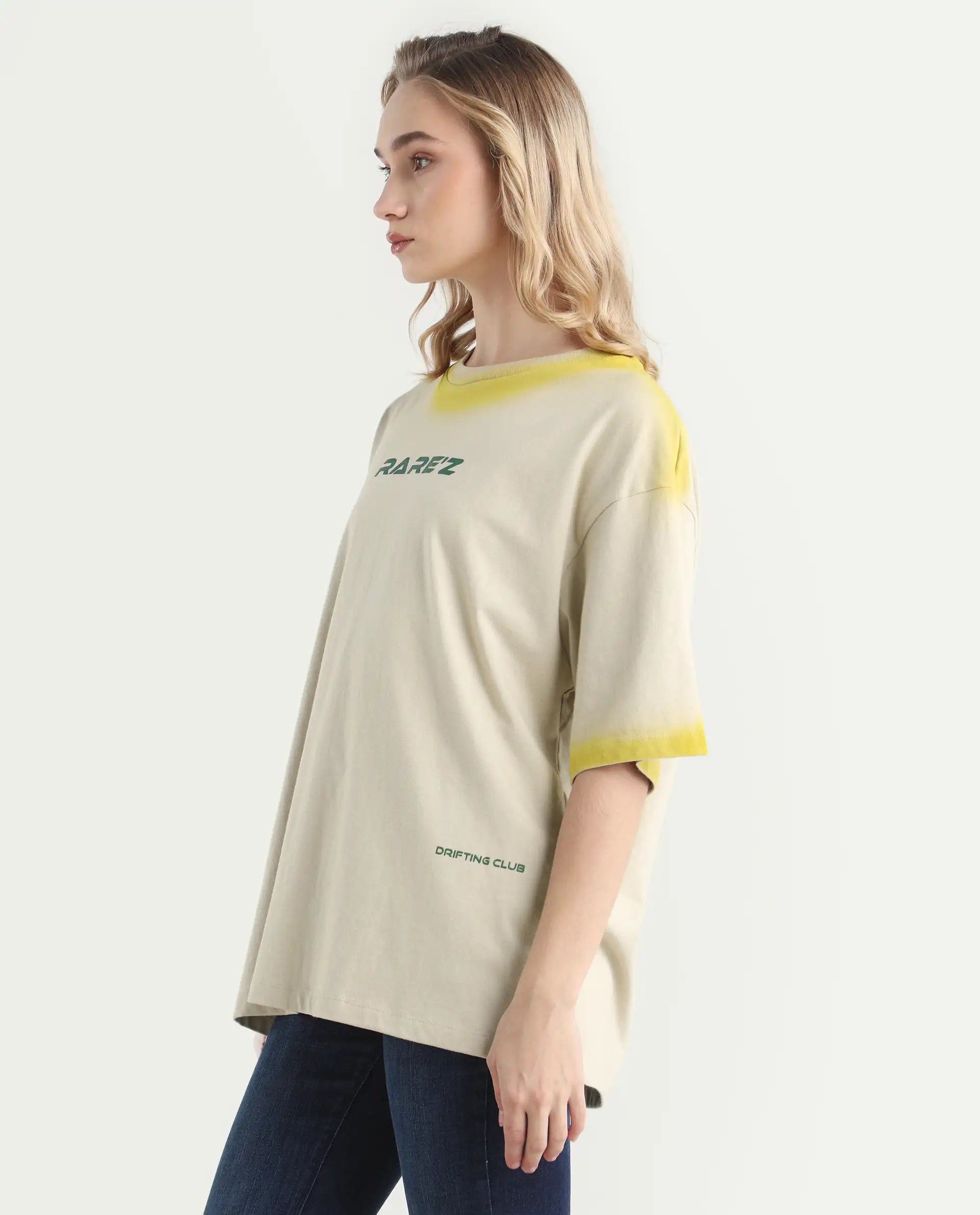 Rareism Women's Foakoe Beige Cotton Graphic Print Oversized T-Shirt