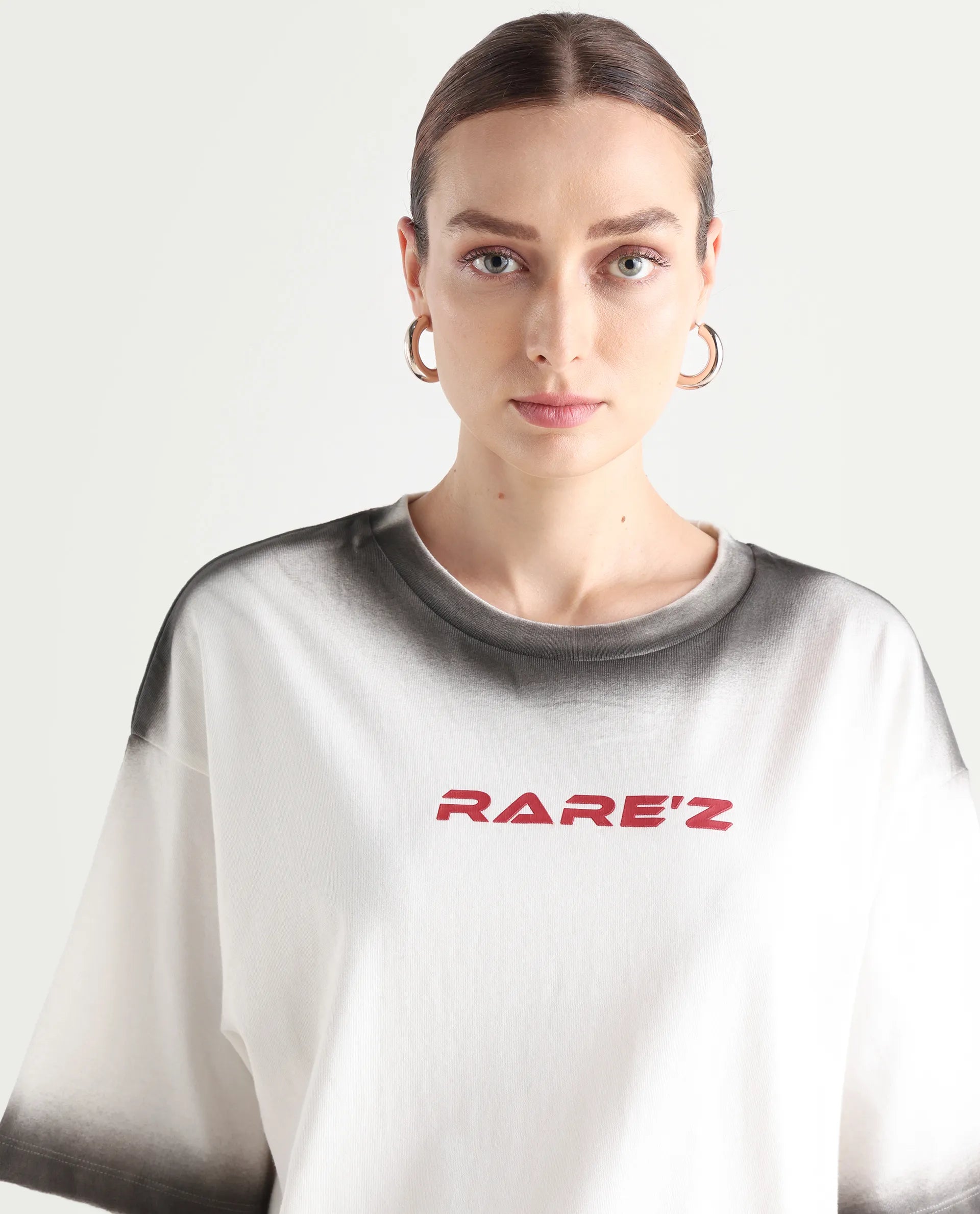 Rareism Women's Foakoe Off White Cotton Graphic Print Oversized T-Shirt