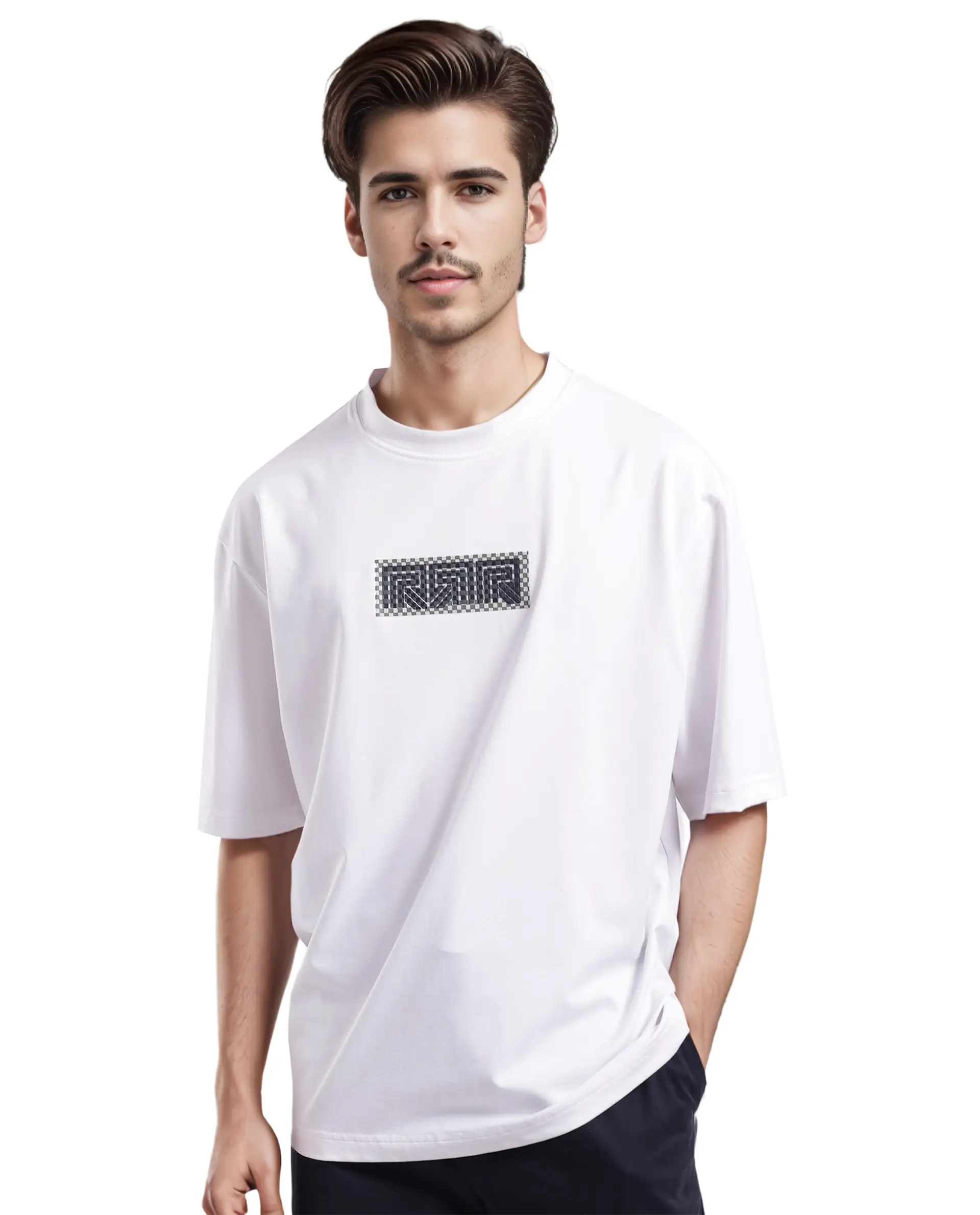 Rare Rabbit Men Fobo White Cotton Polyester Lycra Fabric Short Sleeve Crew Neck Oversized Fit Monogram Chest Print T-Shirt