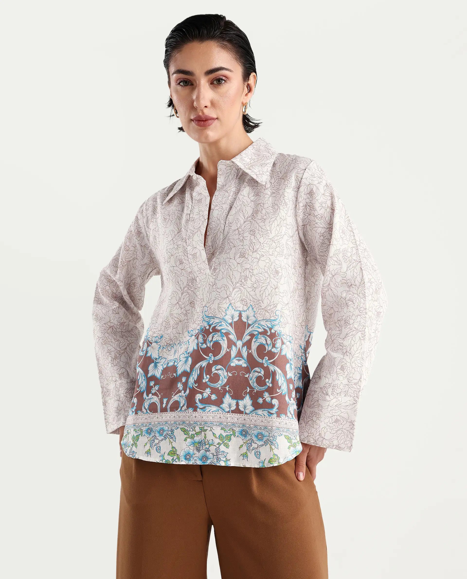 Rareism Women's Fofianie Light Brown Cotton Blend Drop Collar Abstract Print Bell Sleeve Regular Fit Top