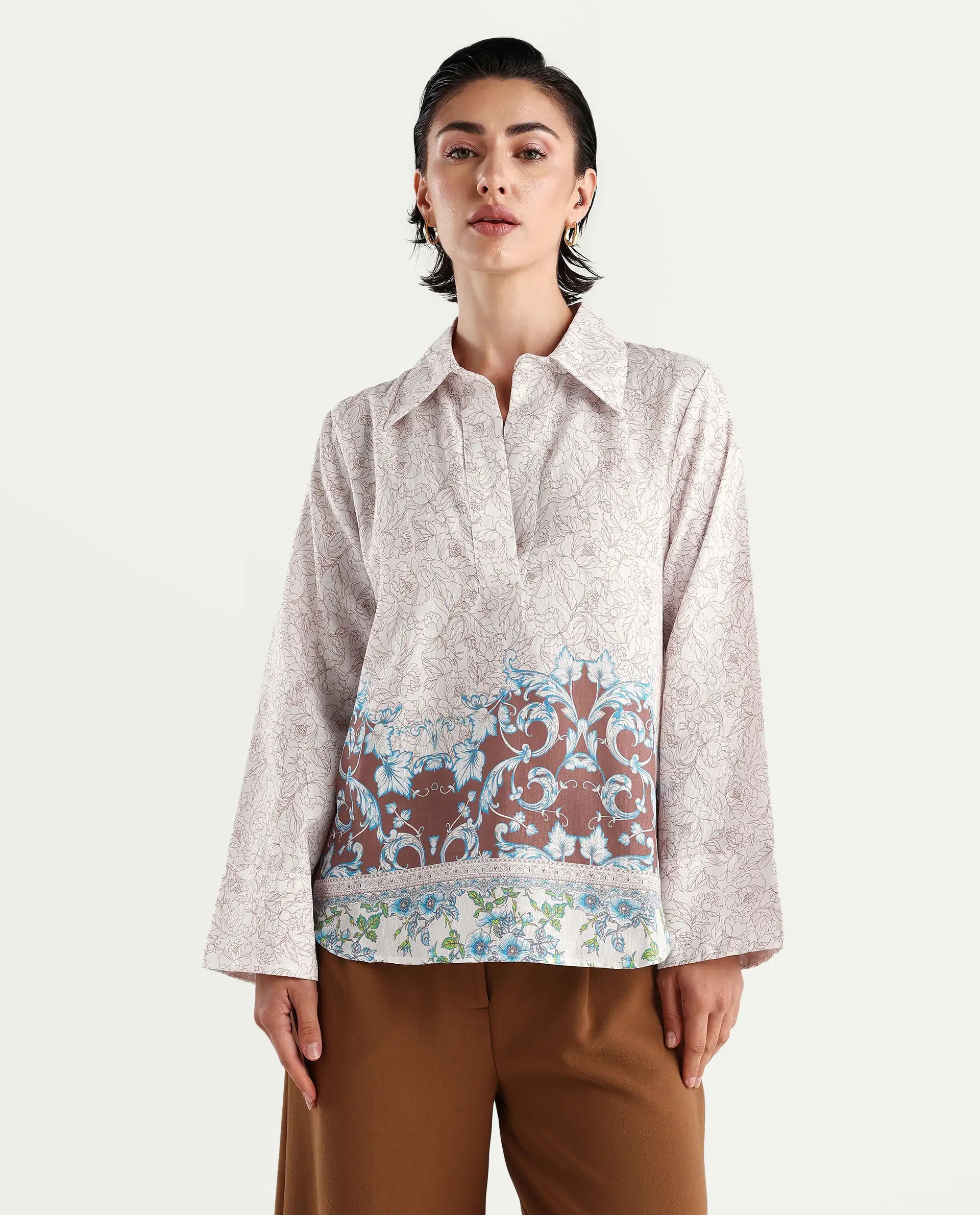 Rareism Women's Fofianie Light Brown Cotton Blend Drop Collar Abstract Print Bell Sleeve Regular Fit Top