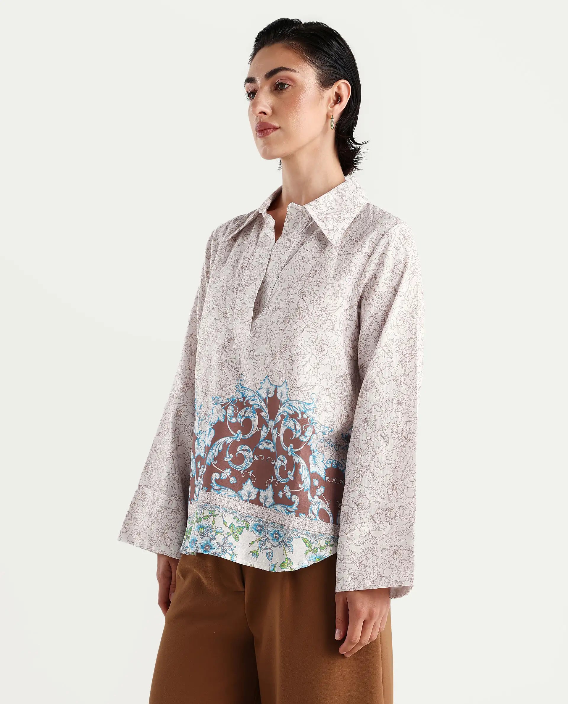 Rareism Women's Fofianie Light Brown Cotton Blend Drop Collar Abstract Print Bell Sleeve Regular Fit Top