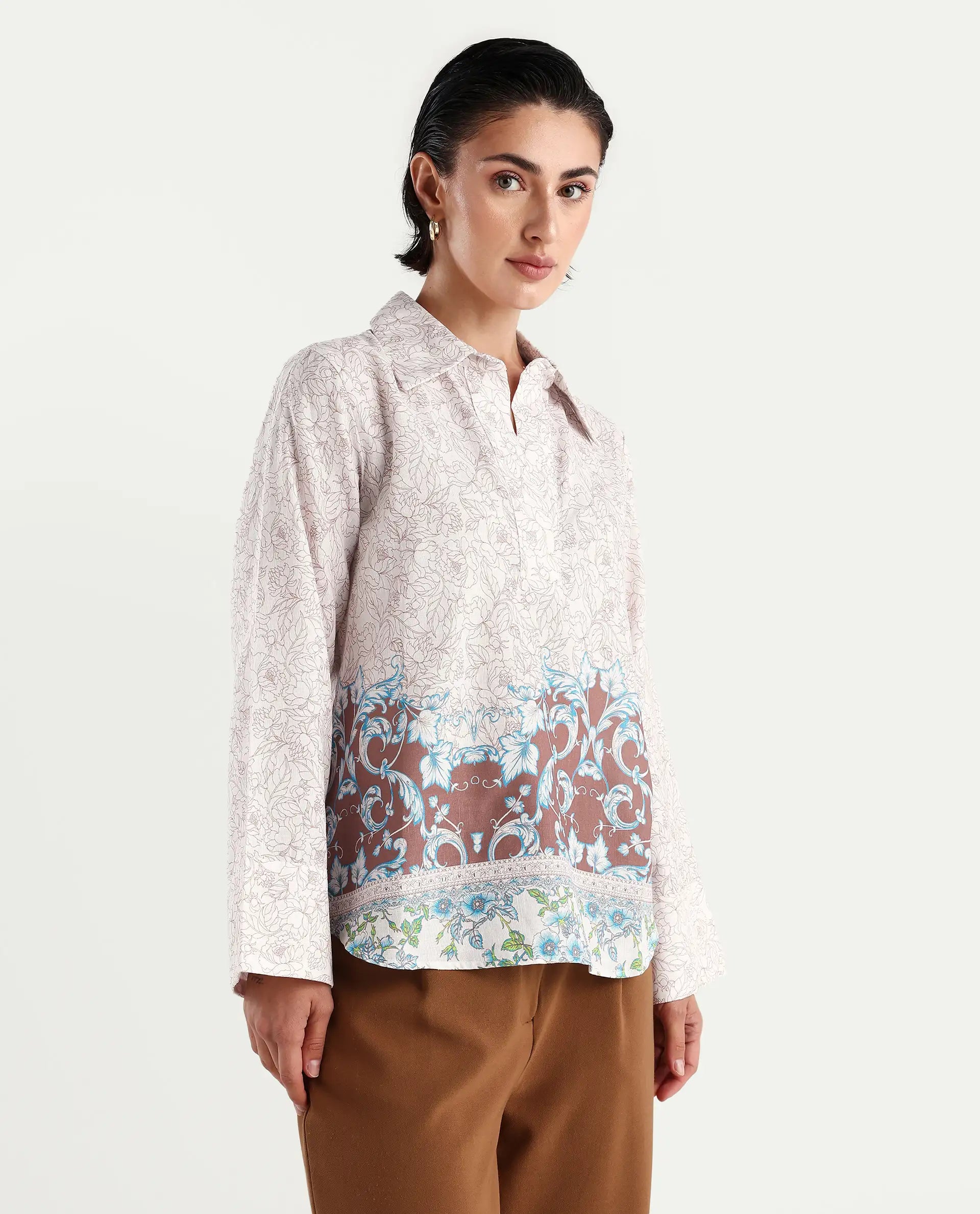 Rareism Women's Fofianie Light Brown Cotton Blend Drop Collar Abstract Print Bell Sleeve Regular Fit Top