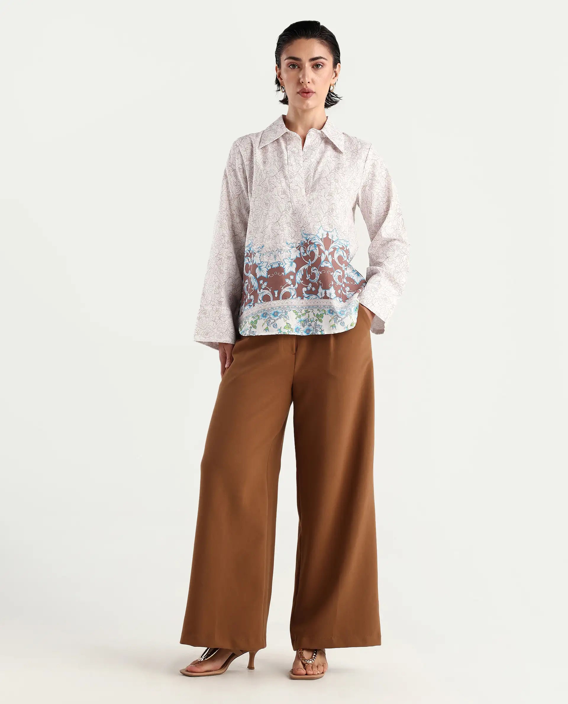 Rareism Women's Fofianie Light Brown Cotton Blend Drop Collar Abstract Print Bell Sleeve Regular Fit Top