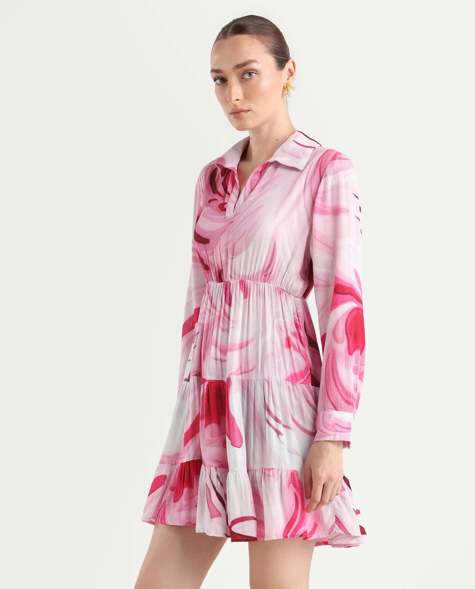 Rareism Women's Foggia Multi Rayon Spread Collar Floral Print Mini Fit And Flare Dress