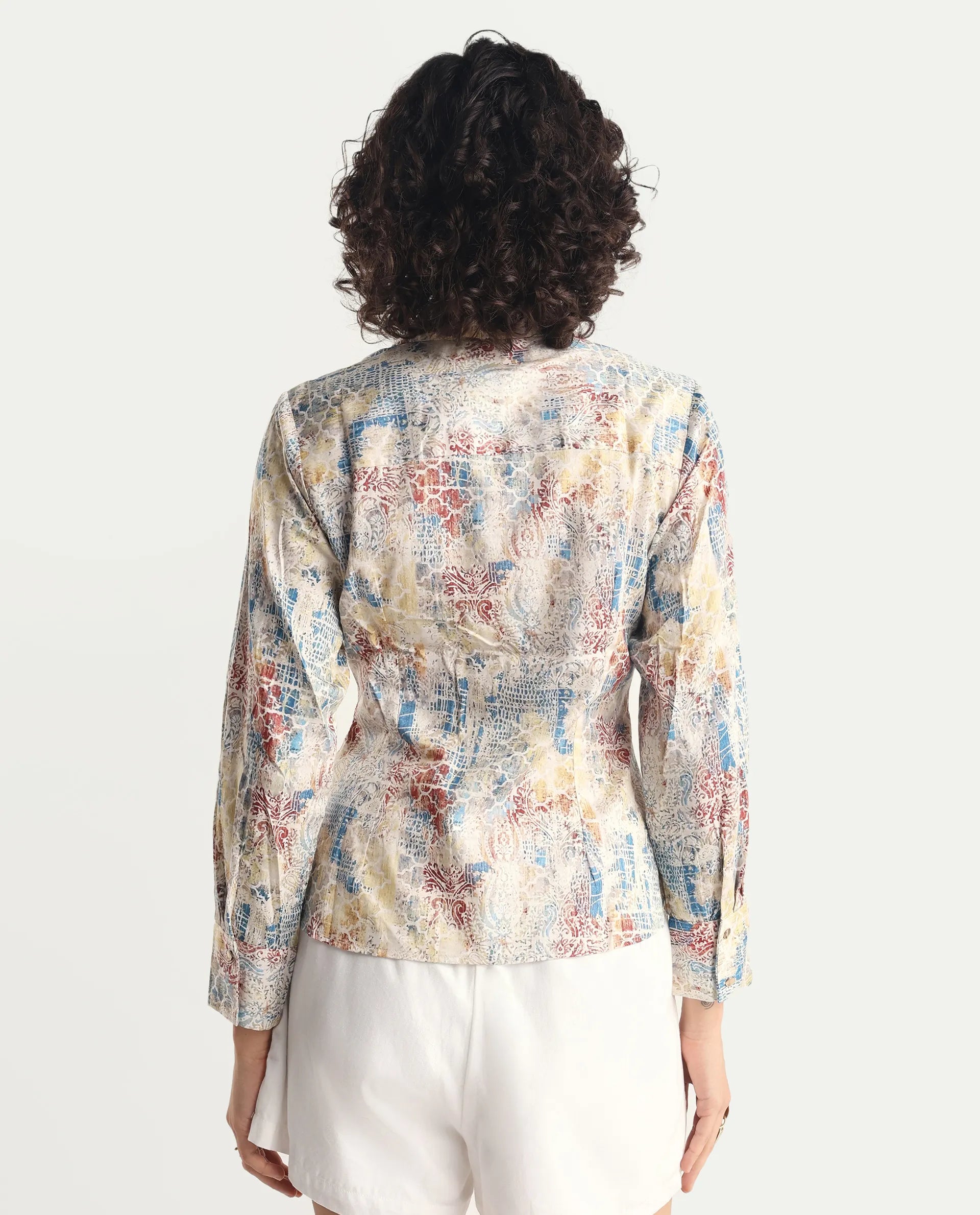 Rareism Women's Foggia Light Multi Cotton Blend Johnny Collar Abstract Print Regular Fit Top