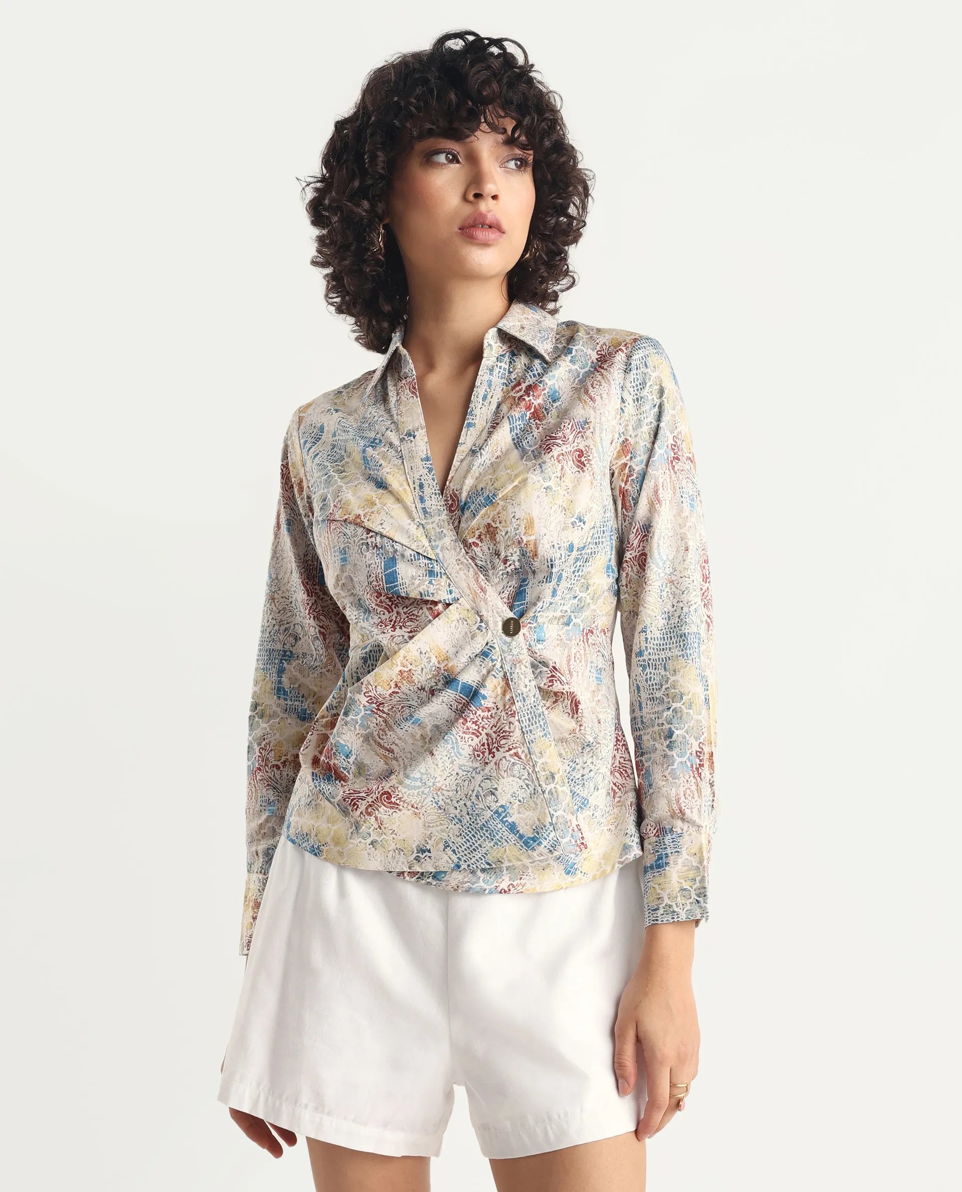 Rareism Women's Foggia Light Multi Cotton Blend Johnny Collar Abstract Print Regular Fit Top