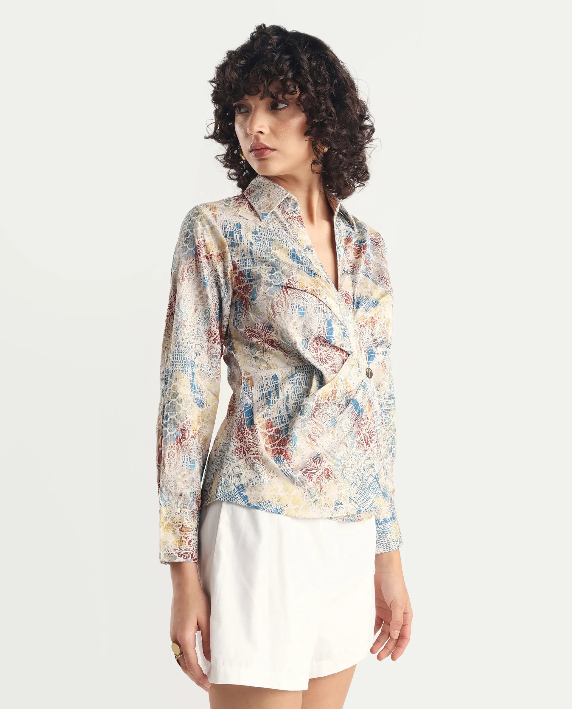 Rareism Women's Foggia Light Multi Cotton Blend Johnny Collar Abstract Print Regular Fit Top