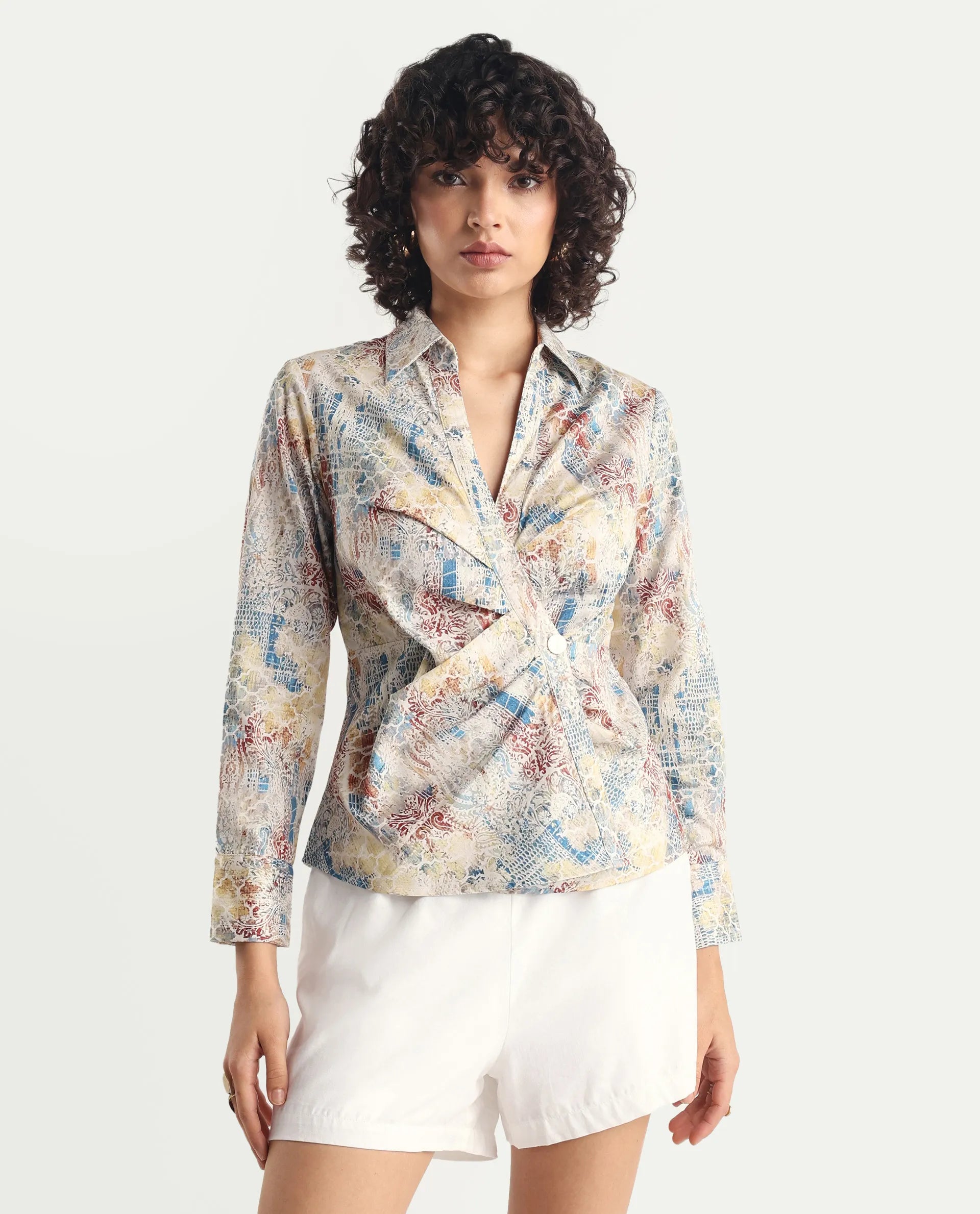 Rareism Women's Foggia Light Multi Cotton Blend Johnny Collar Abstract Print Regular Fit Top