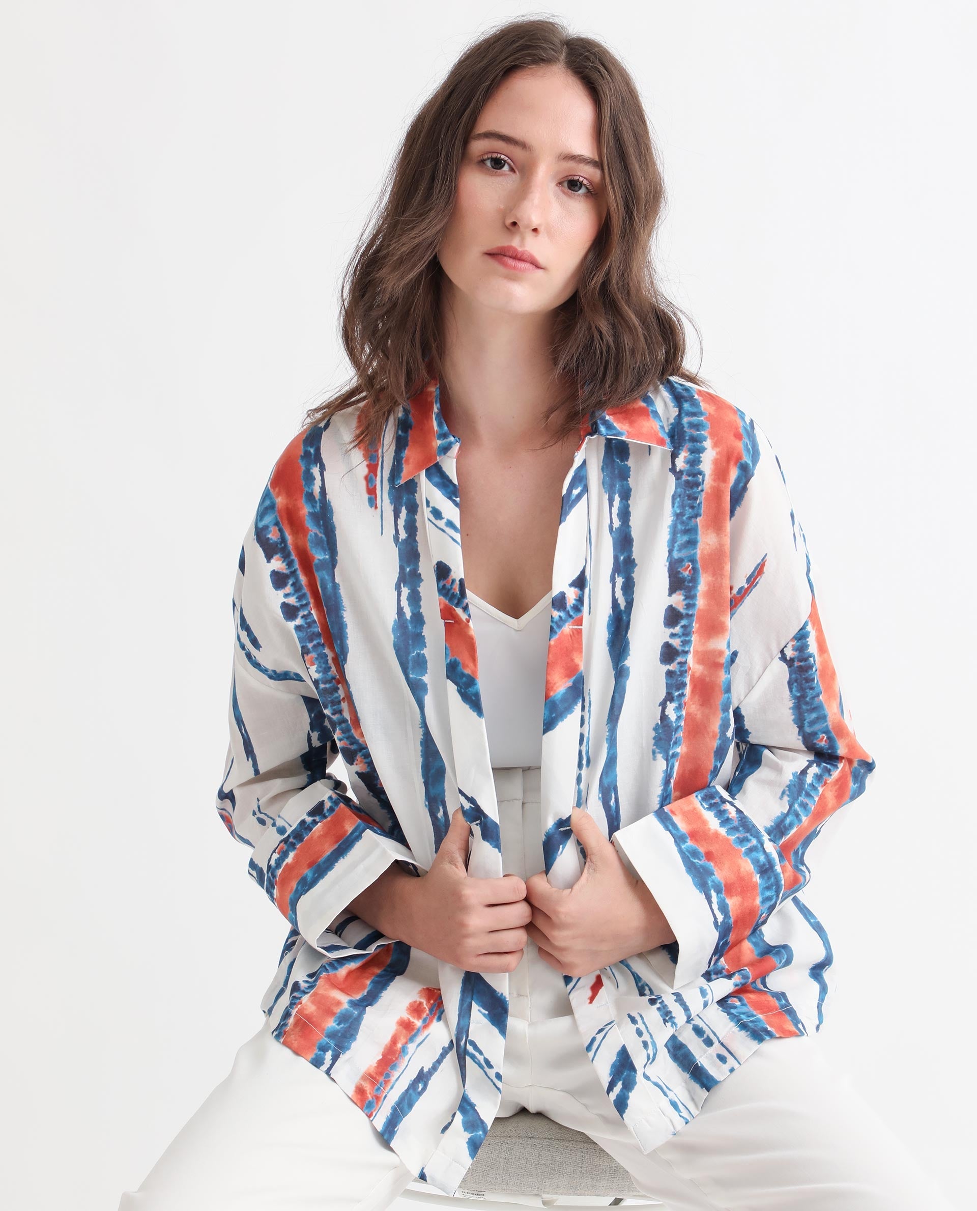 Rareism Women Foil Off White Modal Satin Fabric Regular Fit Shirt Collar Full Sleeves Print Top