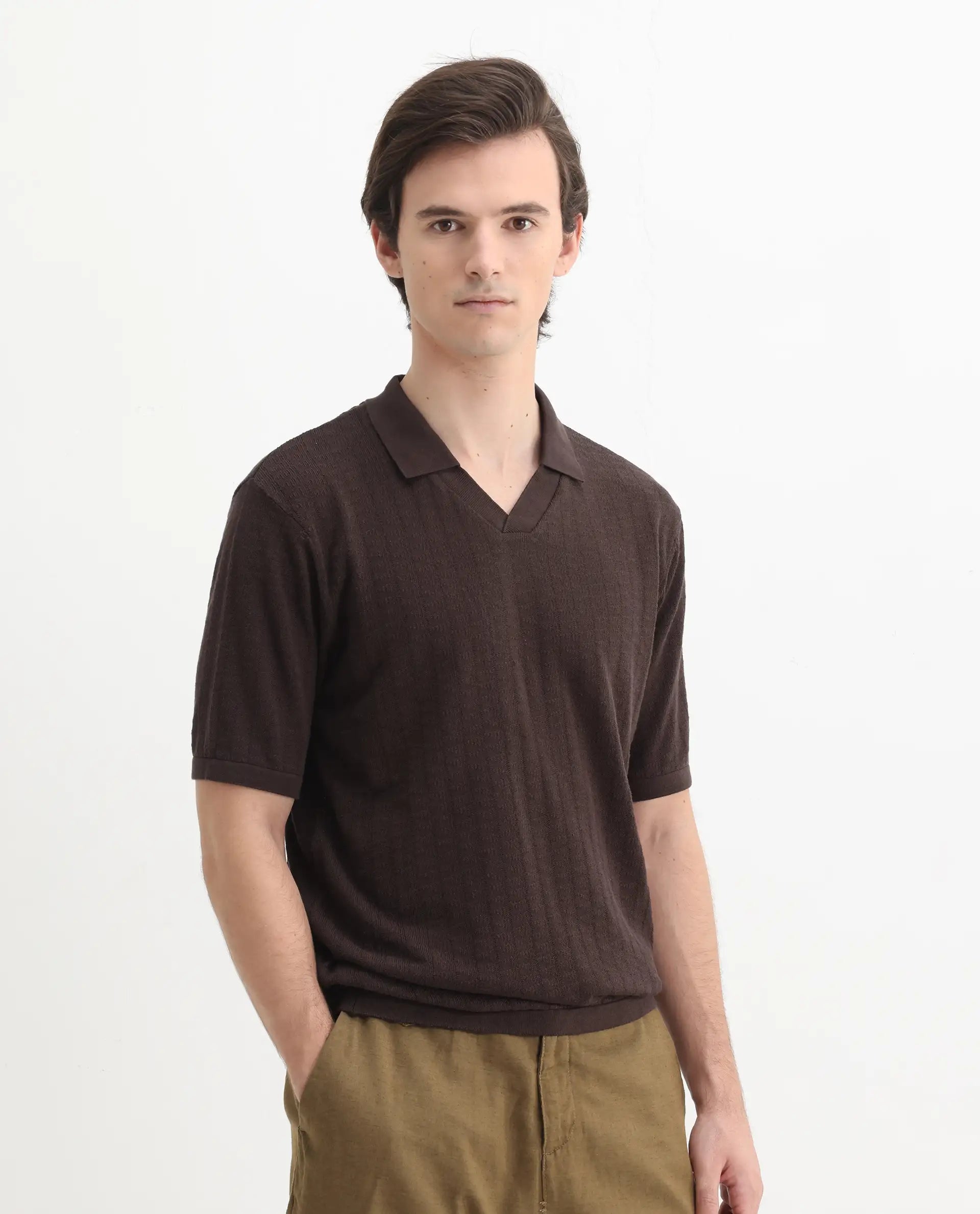 Rare Rabbit Men's Foix Brown Cotton Plain Regular Fit Half Sleeve Polo