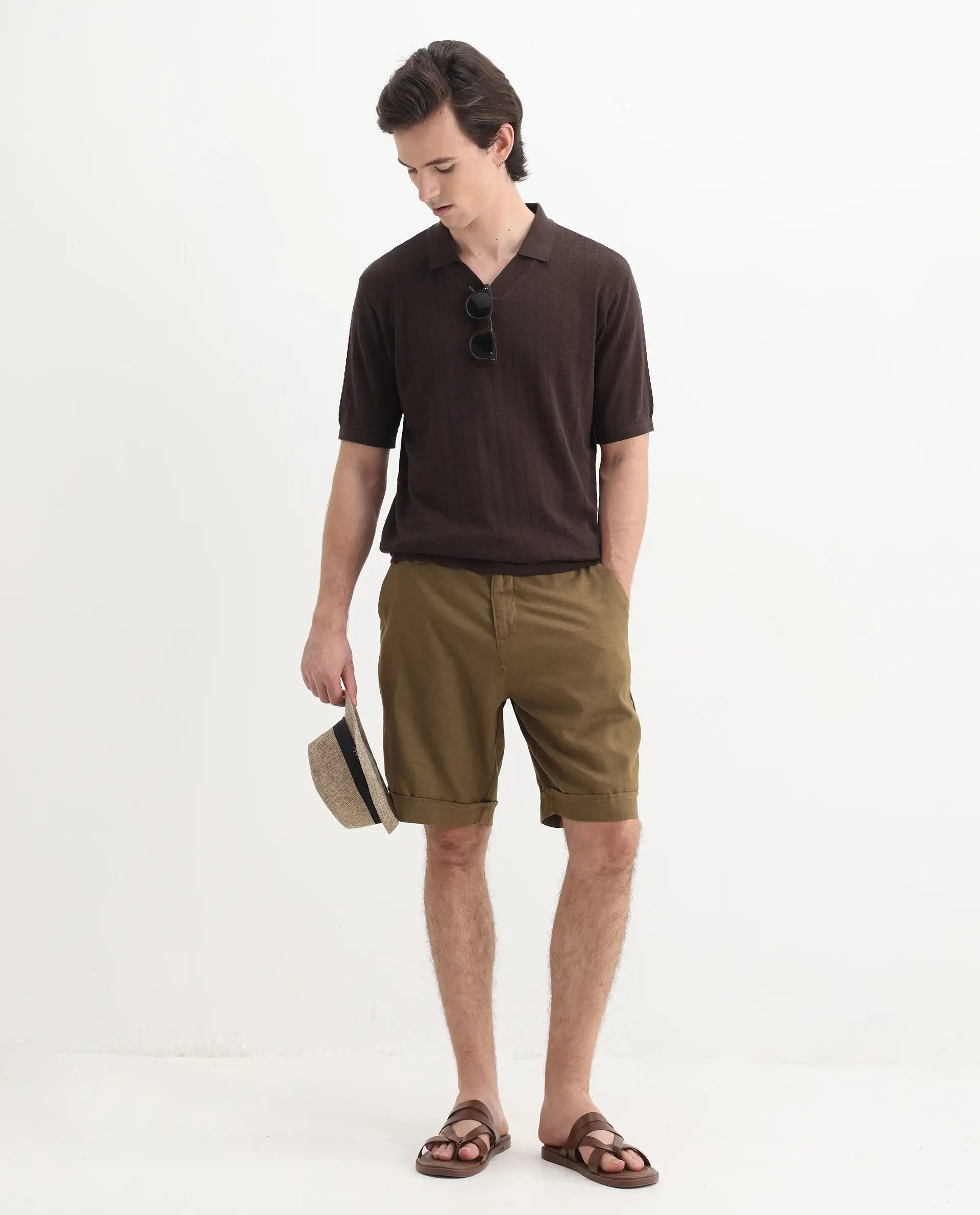 Rare Rabbit Men's Foix Brown Cotton Plain Regular Fit Half Sleeve Polo