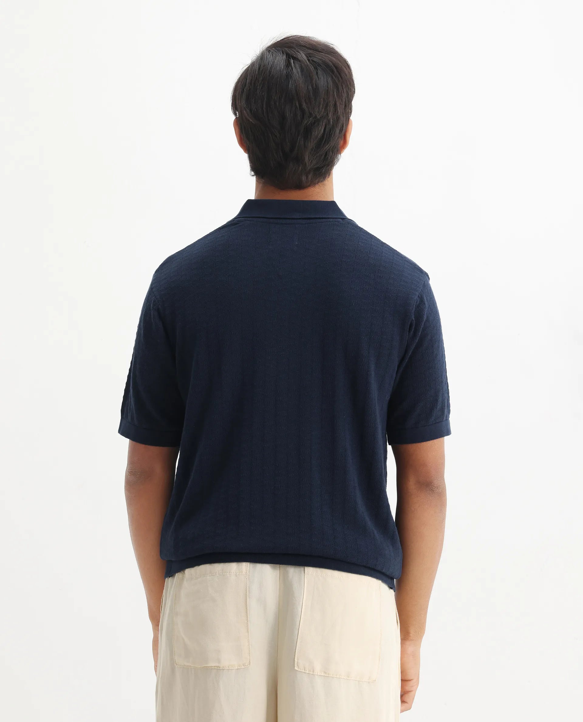 Rare Rabbit Men's Foix Dark Navy Cotton Plain Regular Fit Half Sleeve Polo