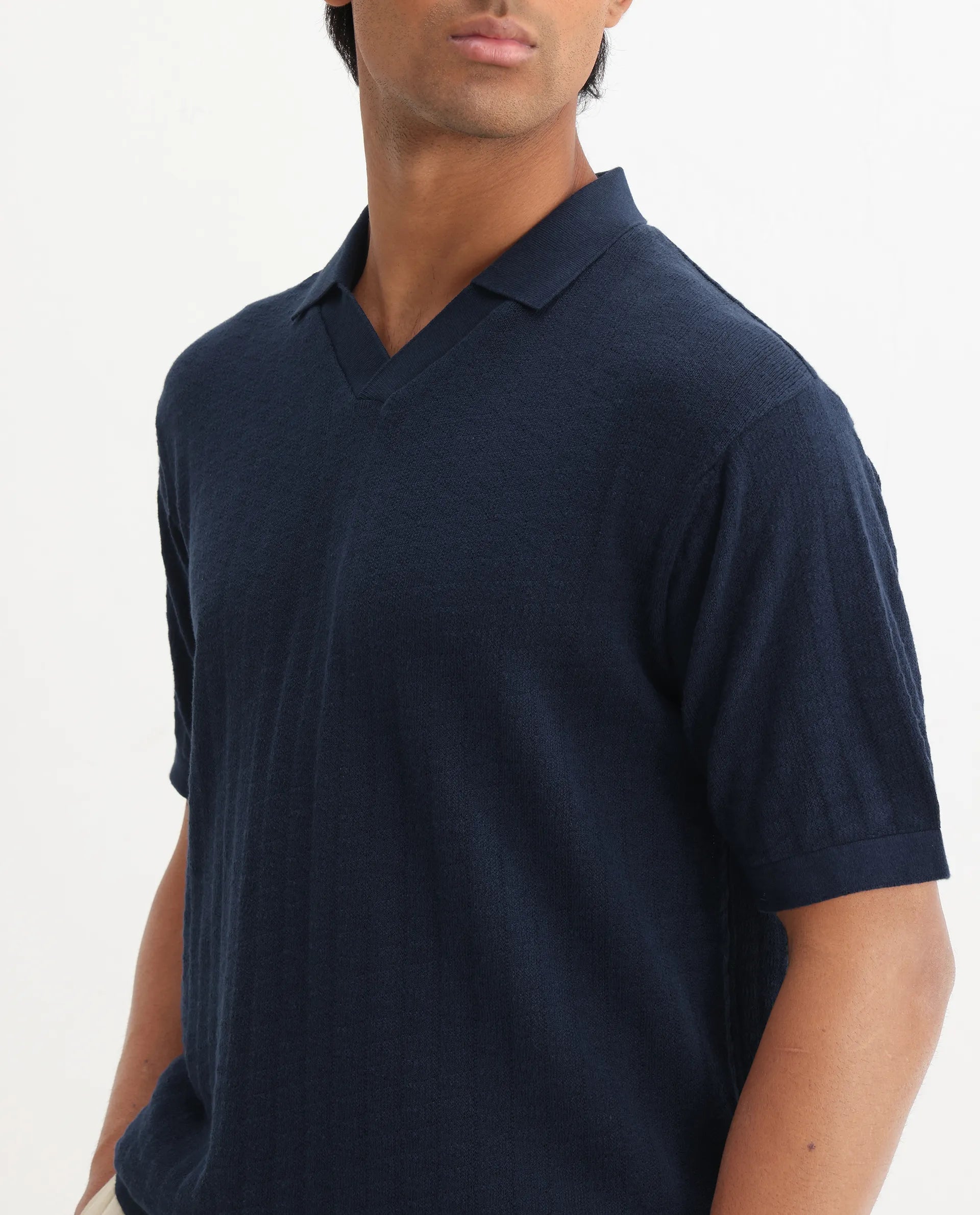 Rare Rabbit Men's Foix Dark Navy Cotton Plain Regular Fit Half Sleeve Polo