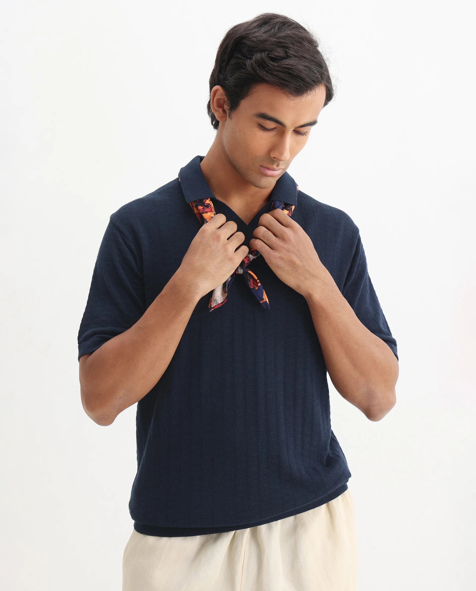 Rare Rabbit Men's Foix Dark Navy Cotton Plain Regular Fit Half Sleeve Polo