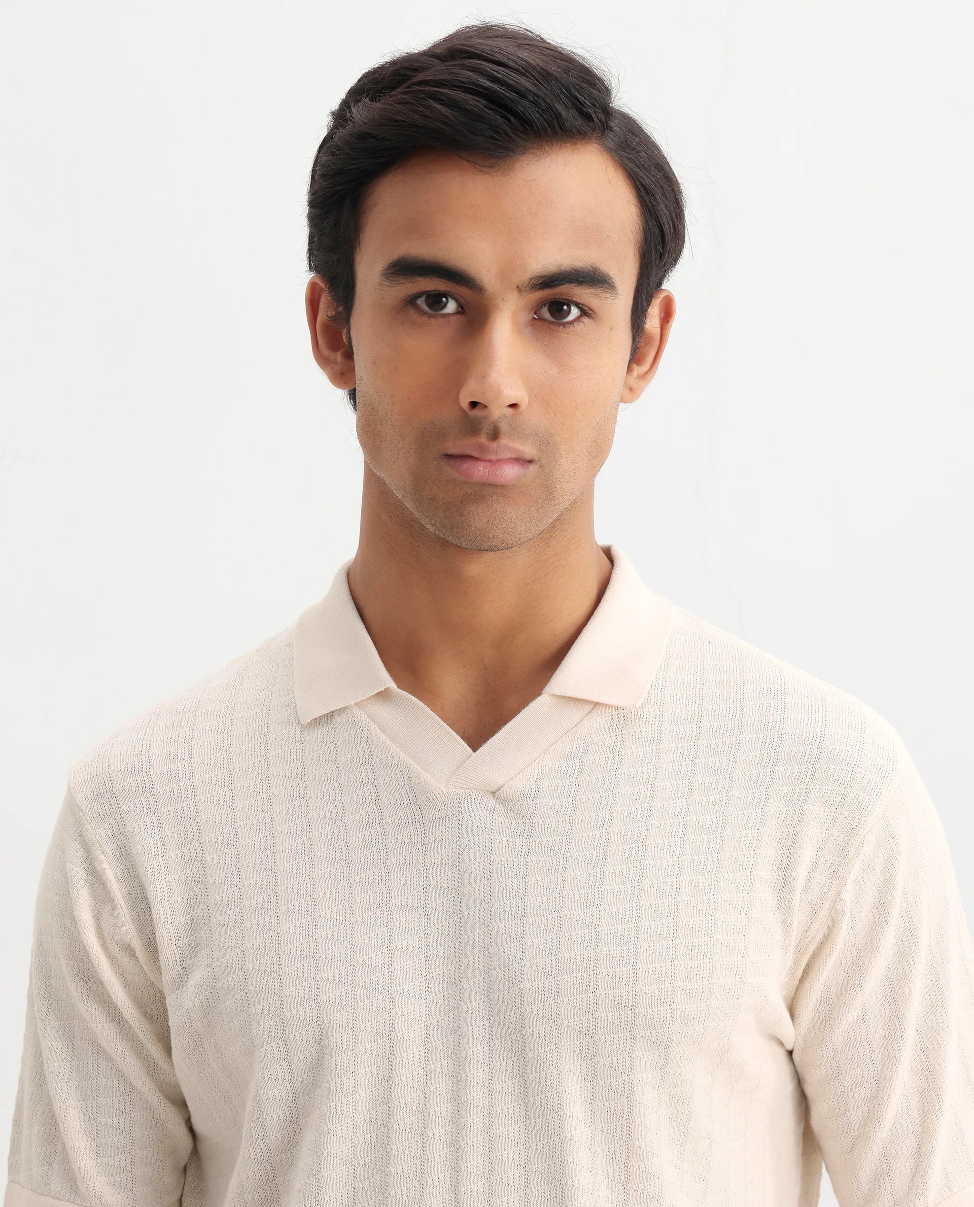 Rare Rabbit Men's Foix Off White Cotton Plain Regular Fit Half Sleeve Polo