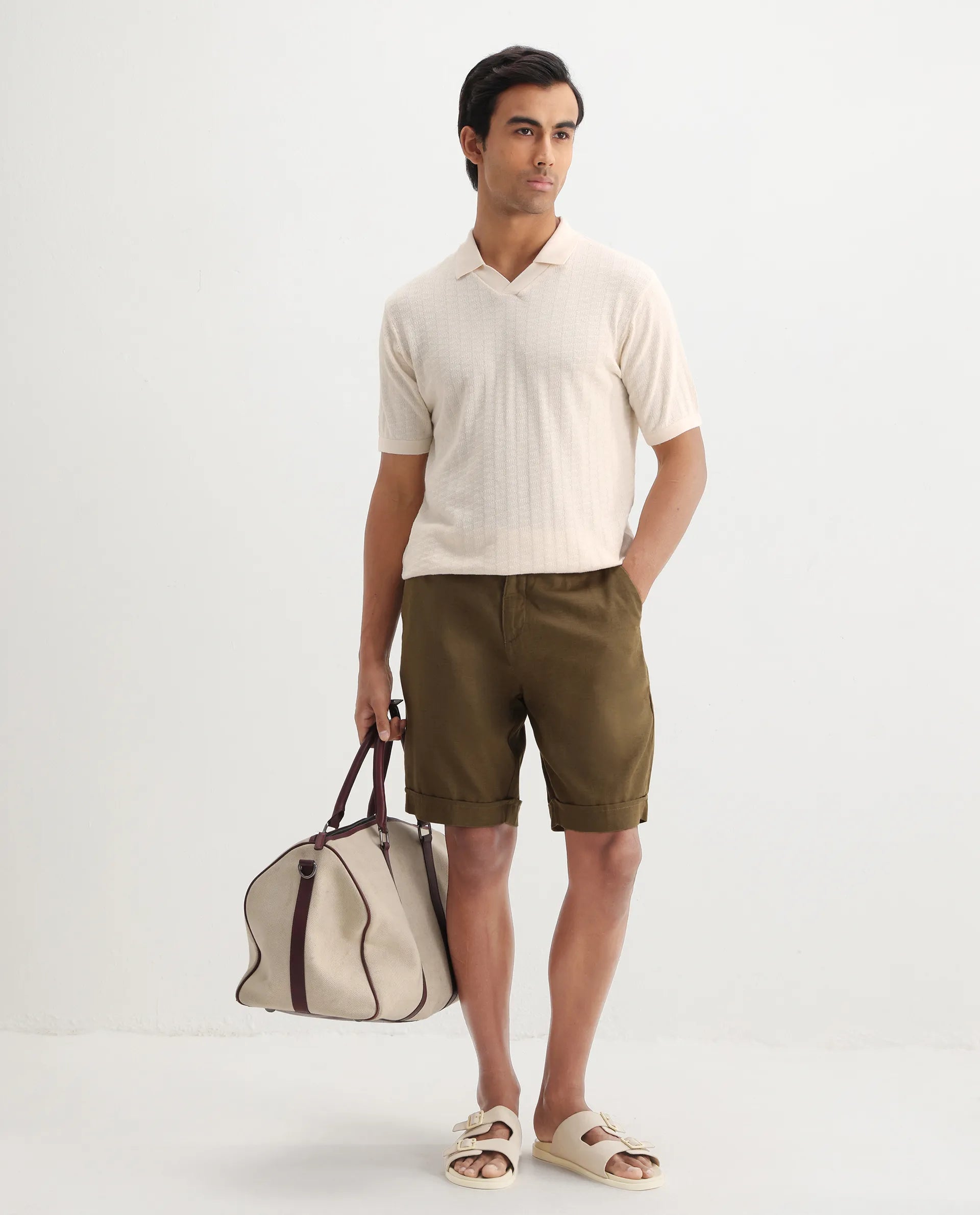 Rare Rabbit Men's Foix Off White Cotton Plain Regular Fit Half Sleeve Polo