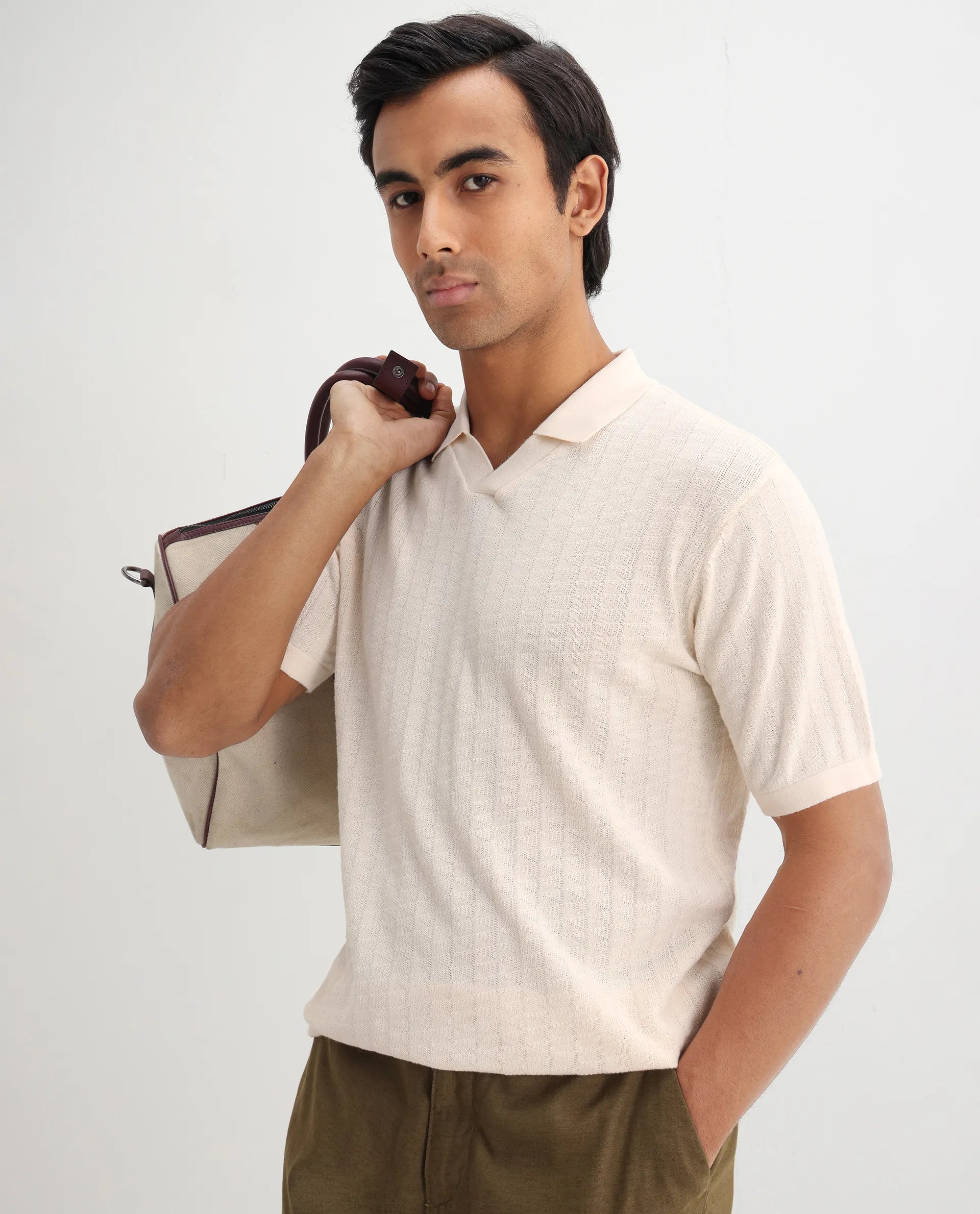 Rare Rabbit Men's Foix Off White Cotton Plain Regular Fit Half Sleeve Polo