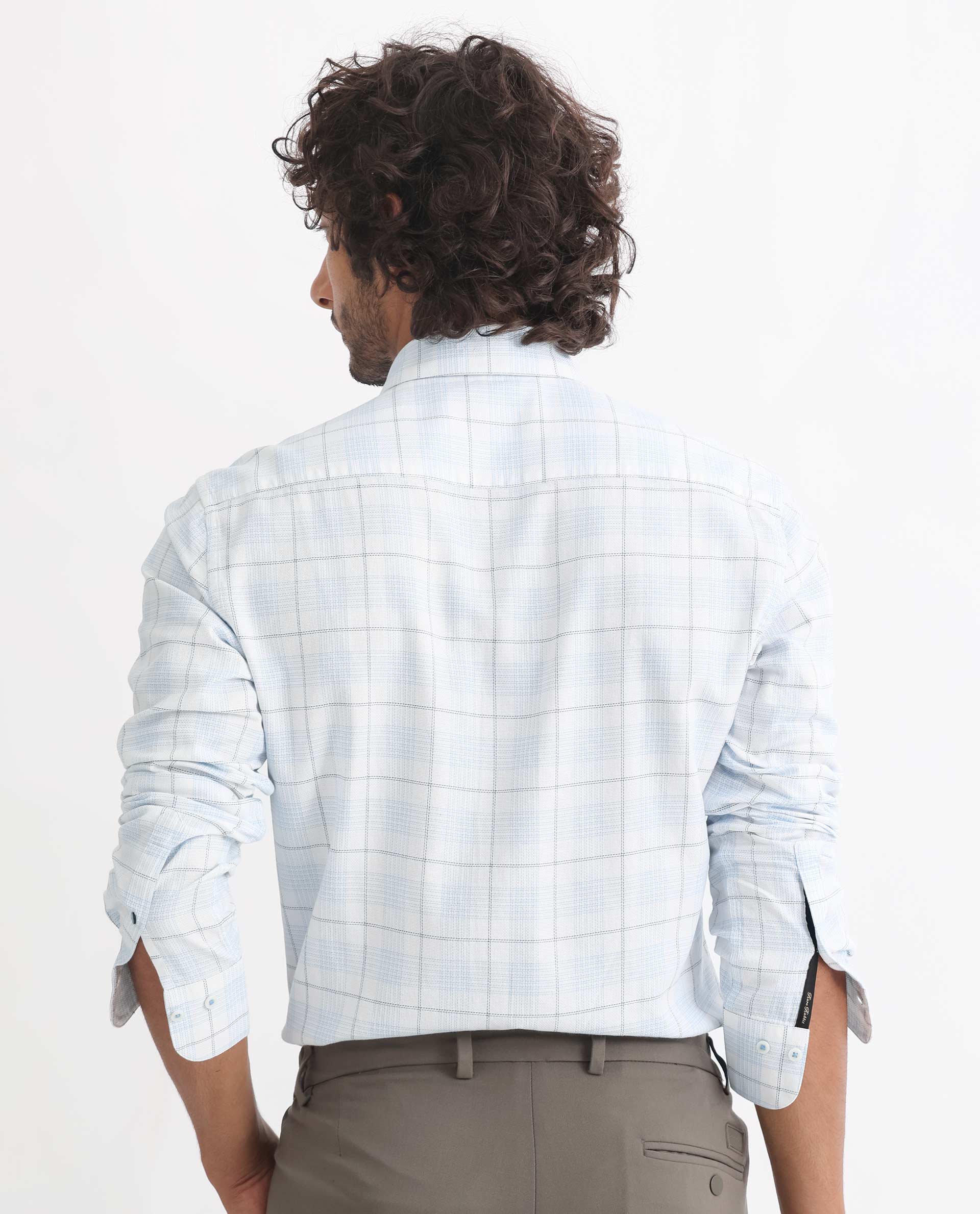 Rare Rabbit Men's Foley Light Blue Cotton Fabric Full Sleeves Dobby Checks Shirt