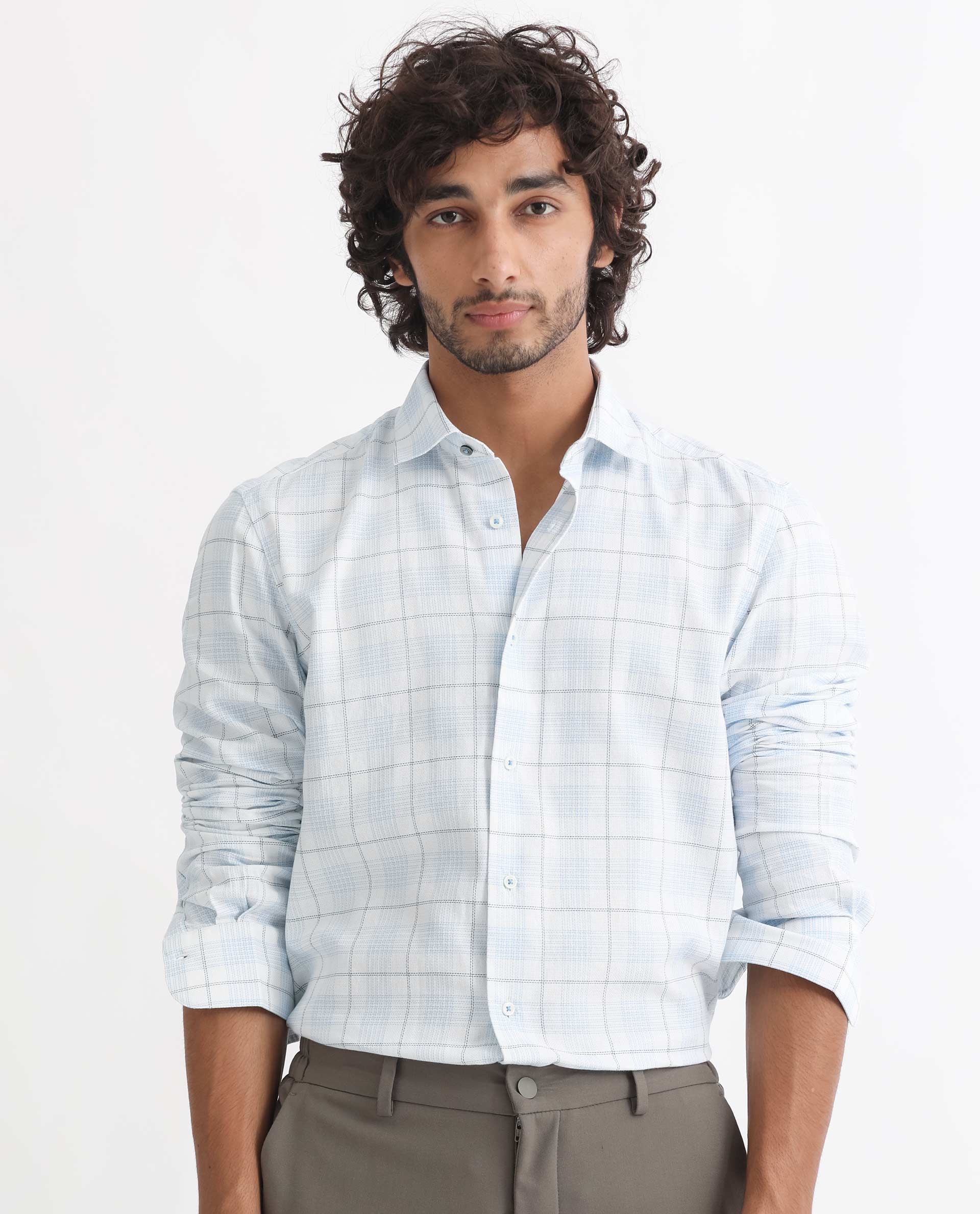 Rare Rabbit Men's Foley Light Blue Cotton Fabric Full Sleeves Dobby Checks Shirt