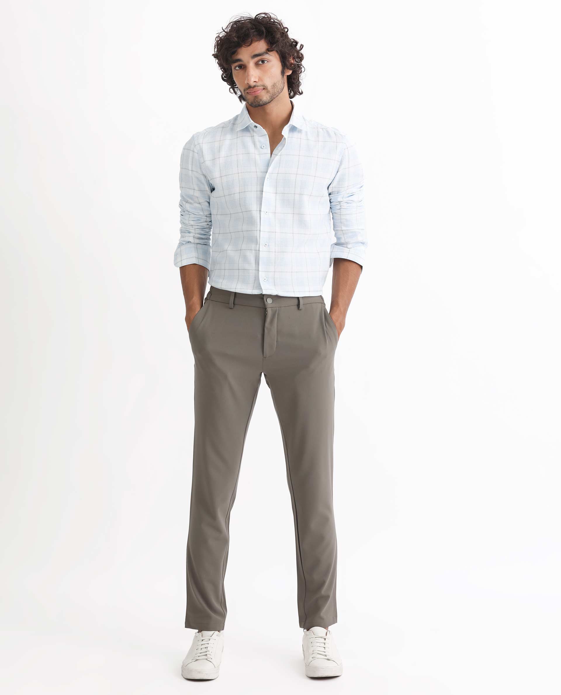 Rare Rabbit Men's Foley Light Blue Cotton Fabric Full Sleeves Dobby Checks Shirt