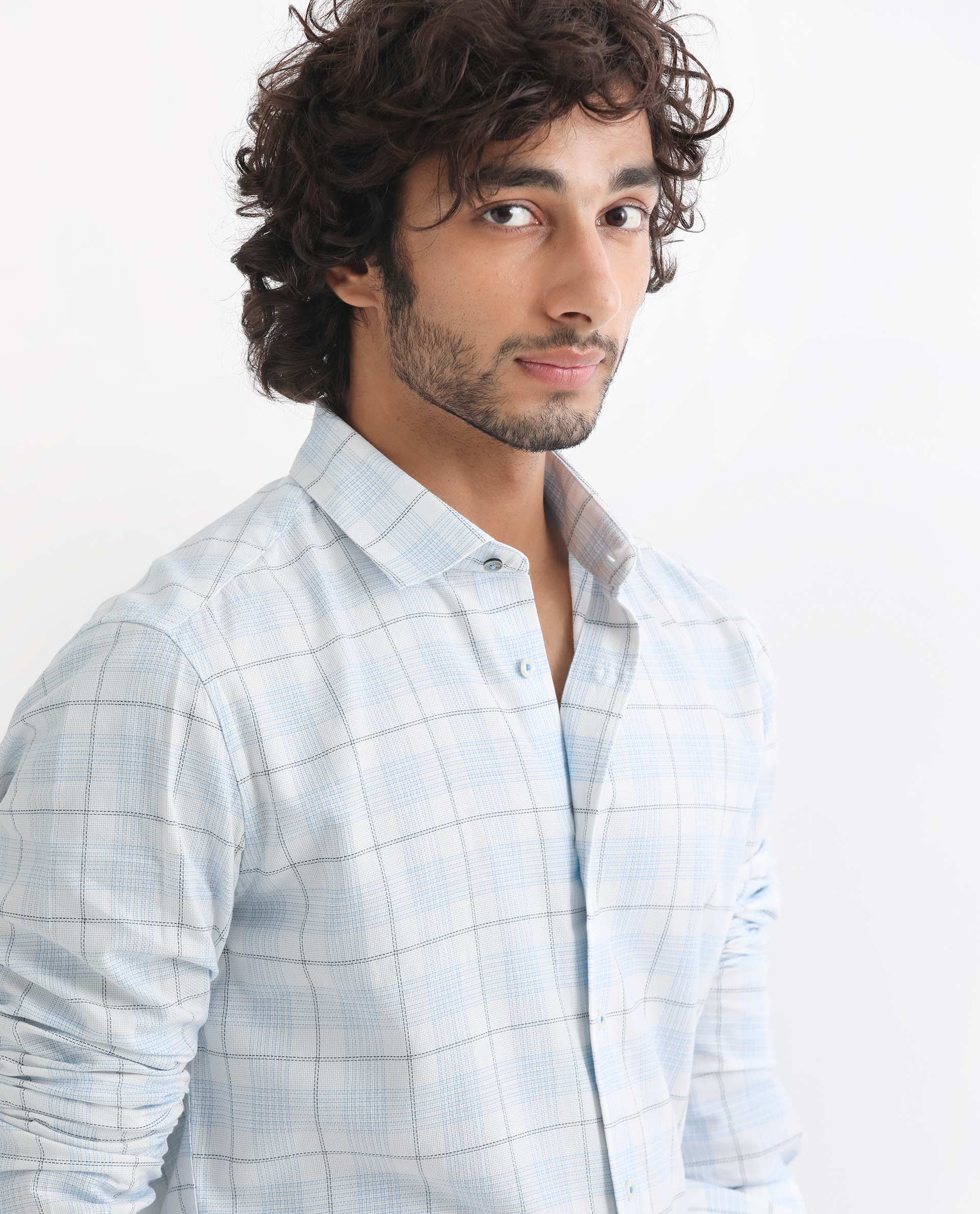 Rare Rabbit Men's Foley Light Blue Cotton Fabric Full Sleeves Dobby Checks Shirt