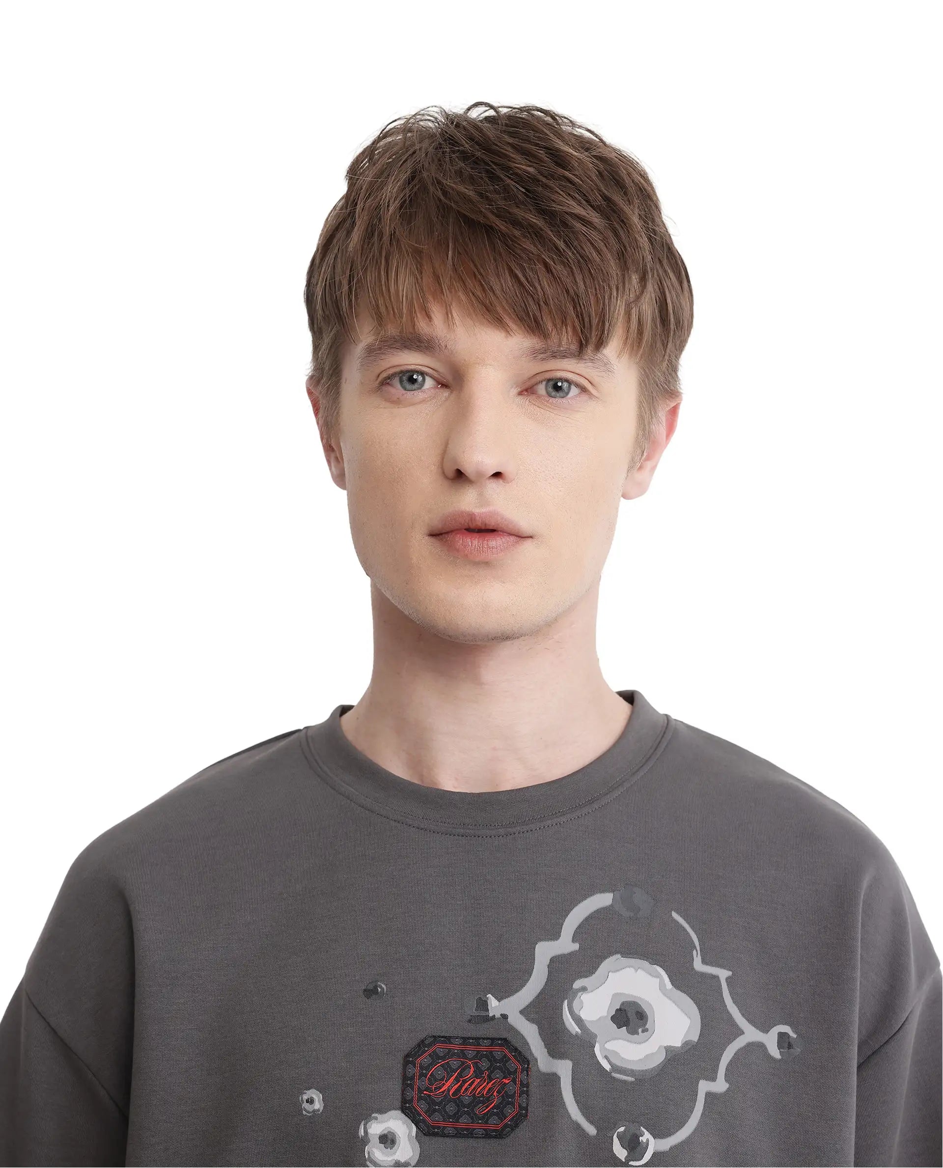 Rare Rabbit Men Fonz Dark Grey Cotton Poly Fabric Short Sleeve Crew Neck Oversized Fit Placement Graphic Print and Label on Chest T-Shirt