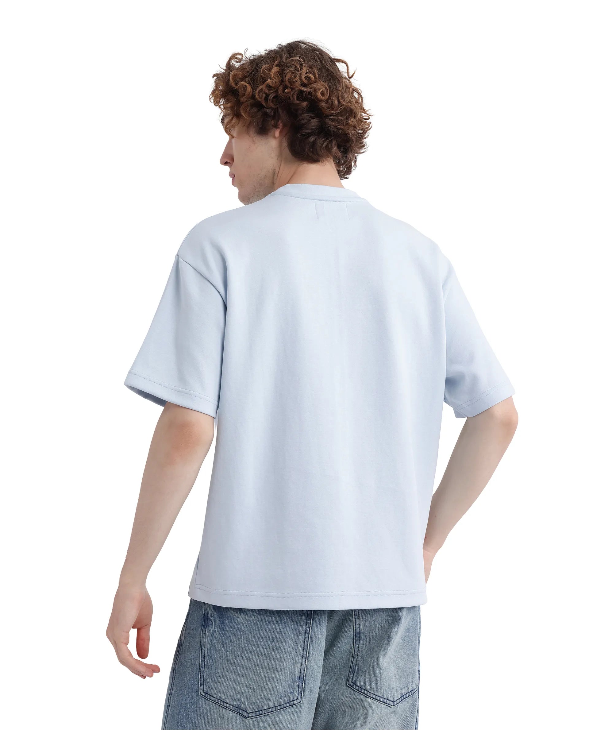 Rare Rabbit Men Fonz Light Blue Cotton Poly Fabric Short Sleeve Crew Neck Oversized Fit Placement Graphic Print and Label on Chest T-Shirt