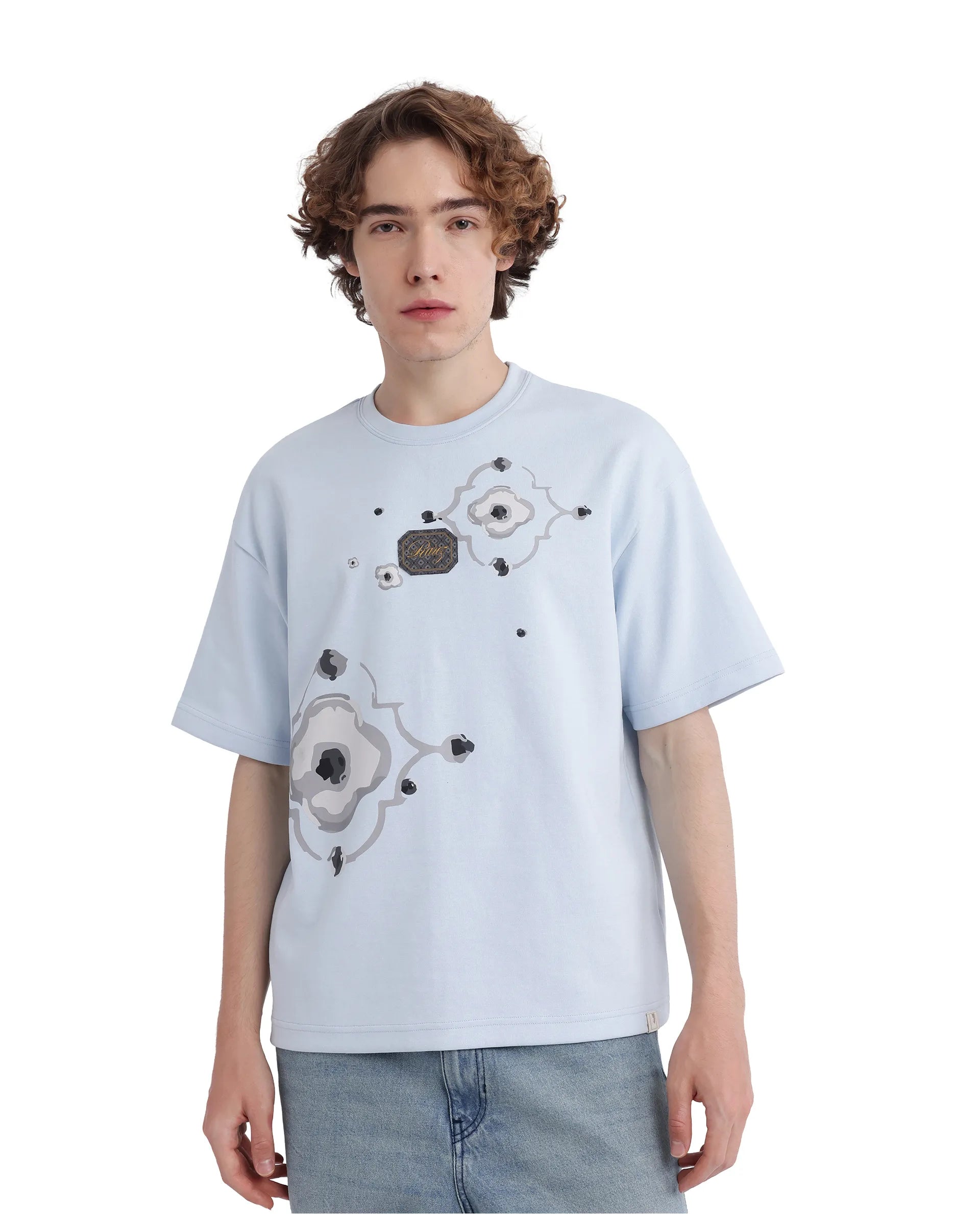 Rare Rabbit Men Fonz Light Blue Cotton Poly Fabric Short Sleeve Crew Neck Oversized Fit Placement Graphic Print and Label on Chest T-Shirt