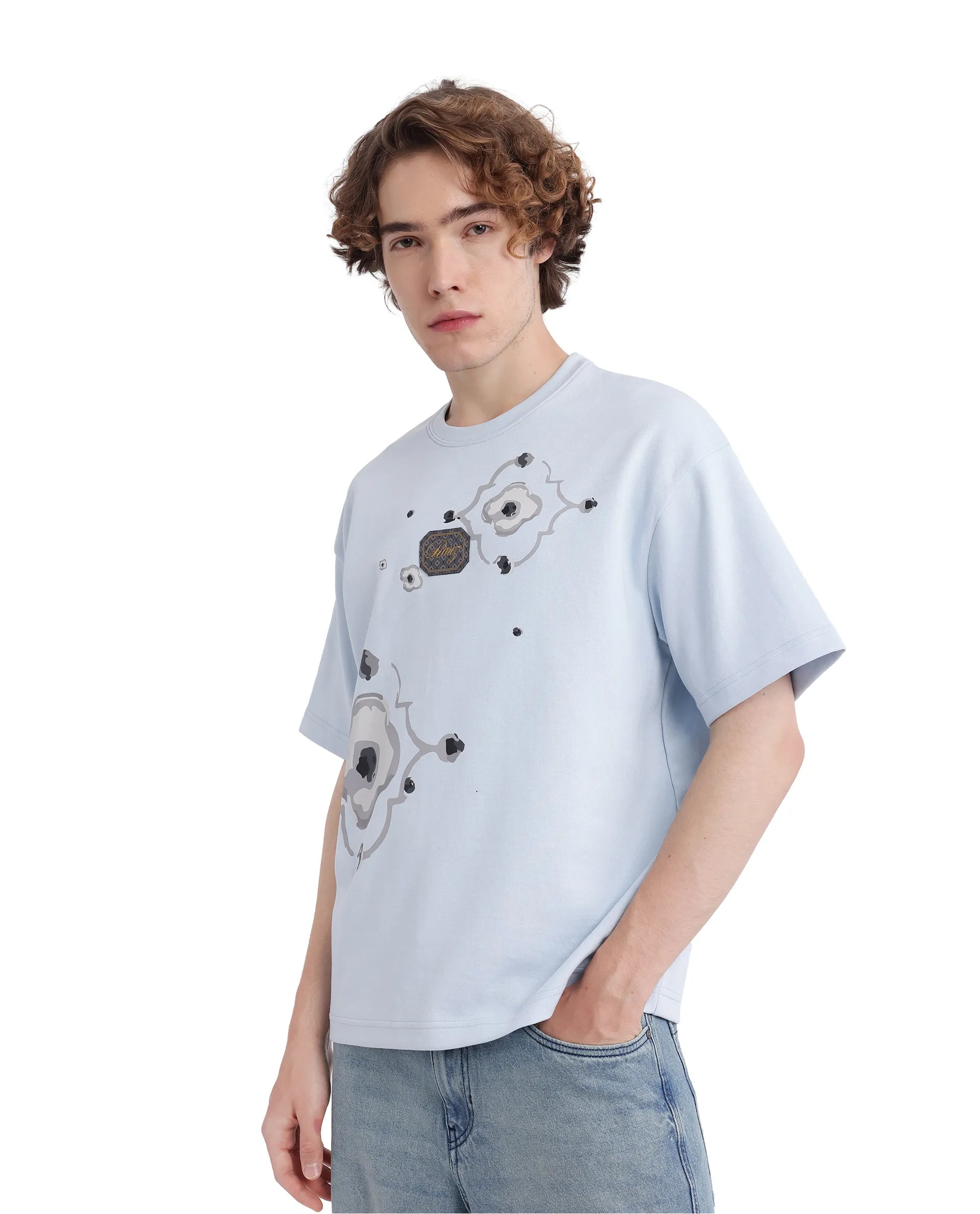 Rare Rabbit Men Fonz Light Blue Cotton Poly Fabric Short Sleeve Crew Neck Oversized Fit Placement Graphic Print and Label on Chest T-Shirt