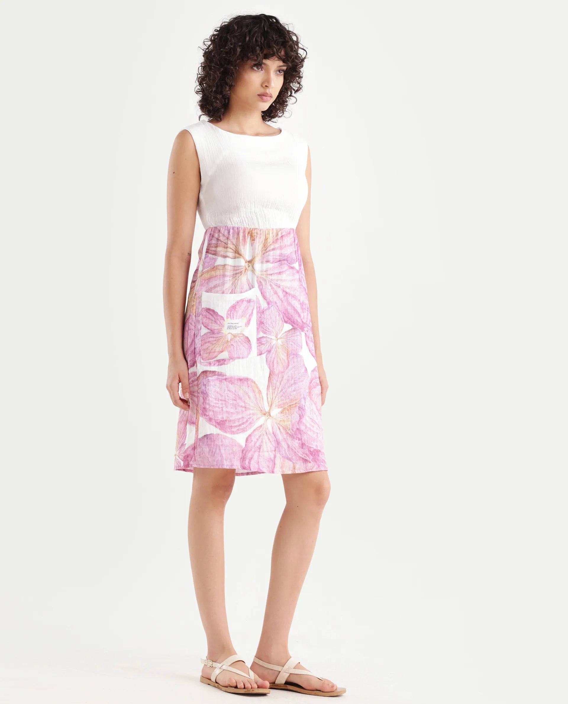 Rareism Women's Fopik Light Multi Cotton Crew Neck Floral Print Sleeveless Knee Length Fit And Flare Dress