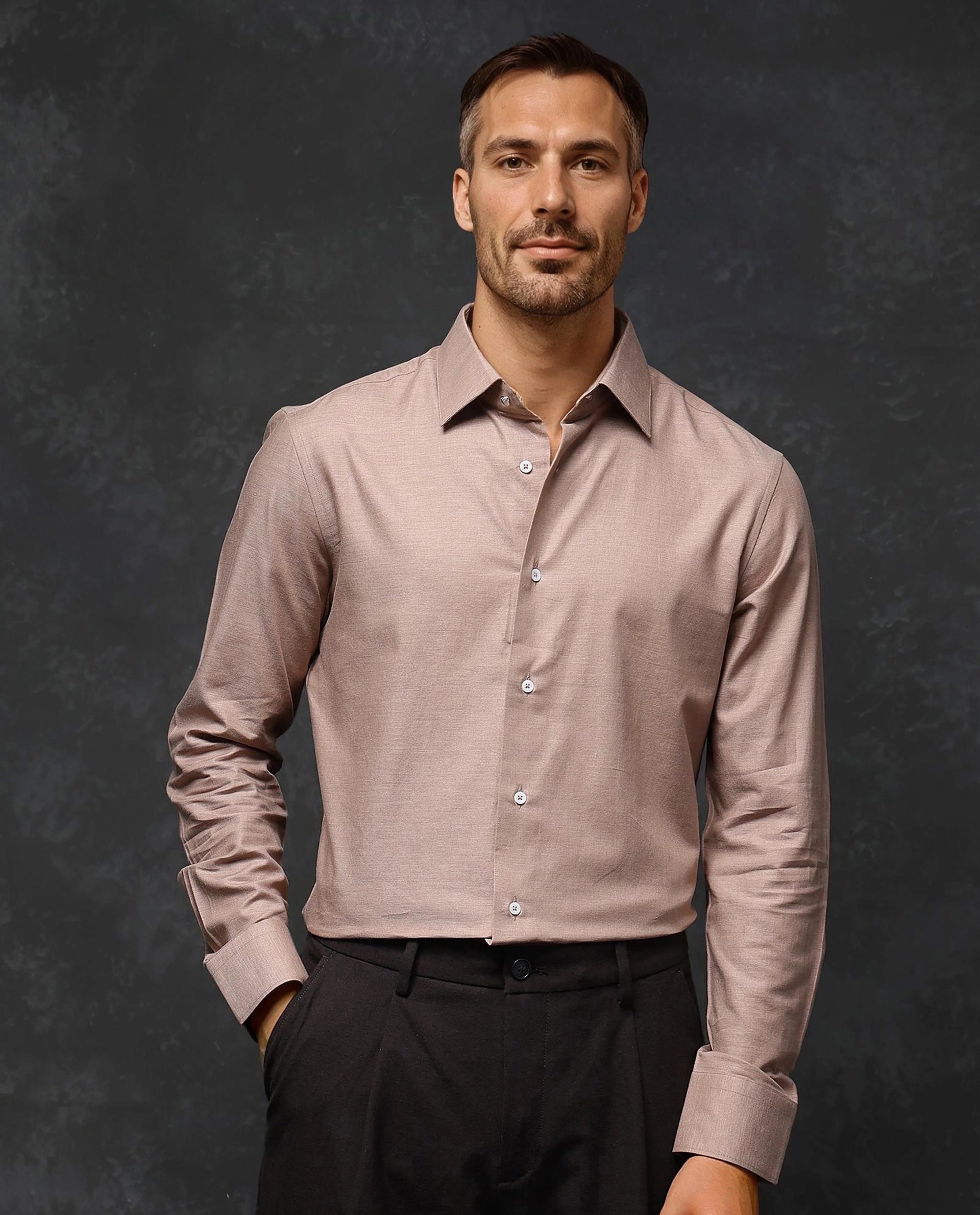 Rare Rabbit Men Forde Dusky Peach Cotton Melange Fabric Full Sleeve Regular Fit Solid Shirt