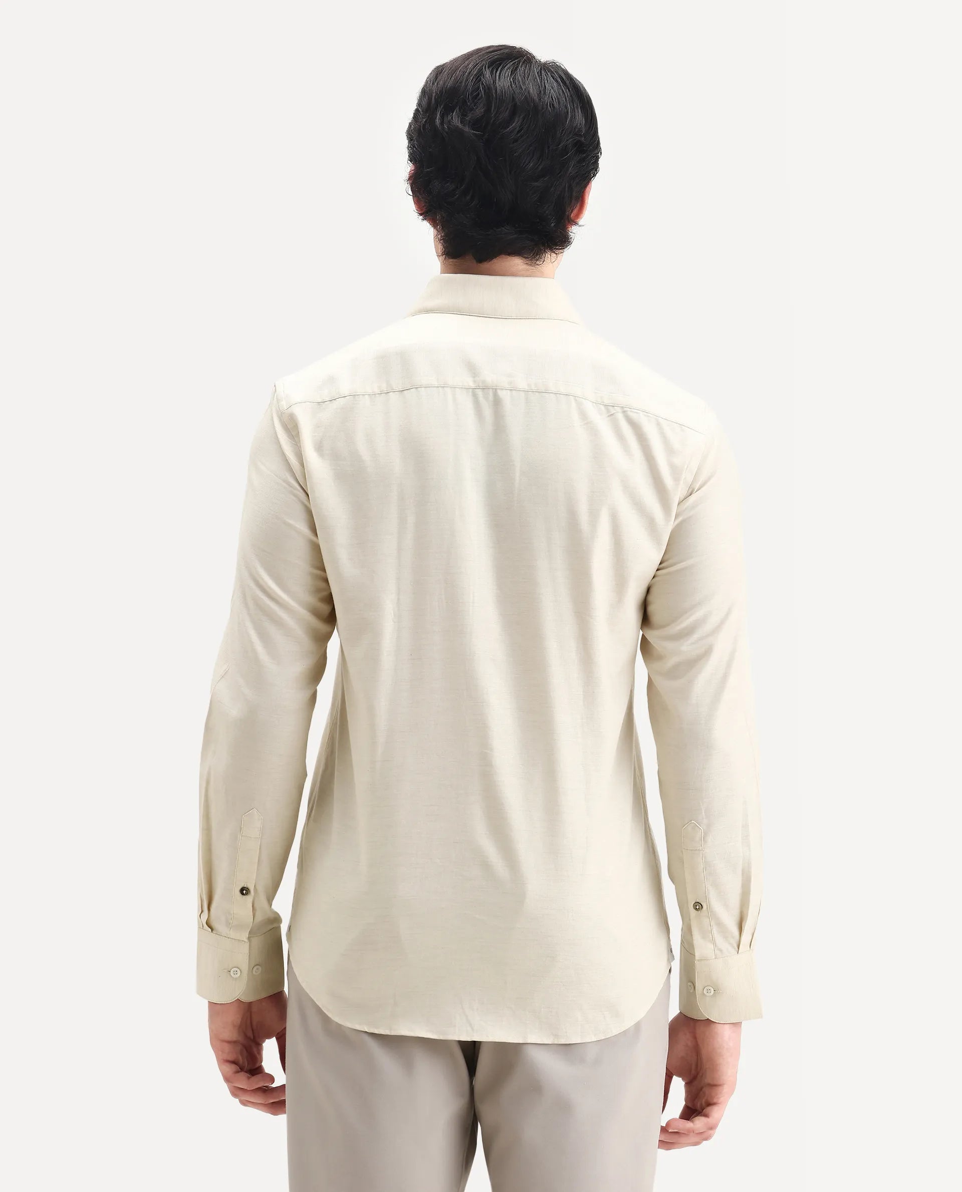 Rare Rabbit Men's Forde Off White Cotton Plain Regular Fit Full Sleeve Collared Shirt