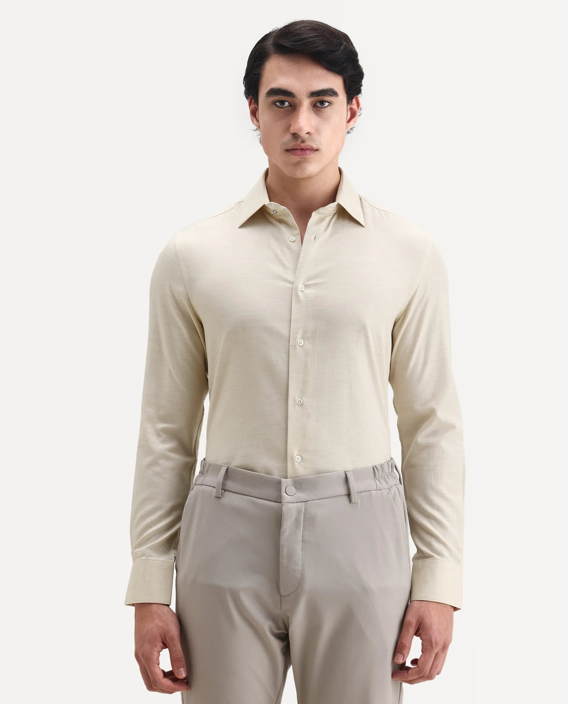 Rare Rabbit Men's Forde Off White Cotton Plain Regular Fit Full Sleeve Collared Shirt