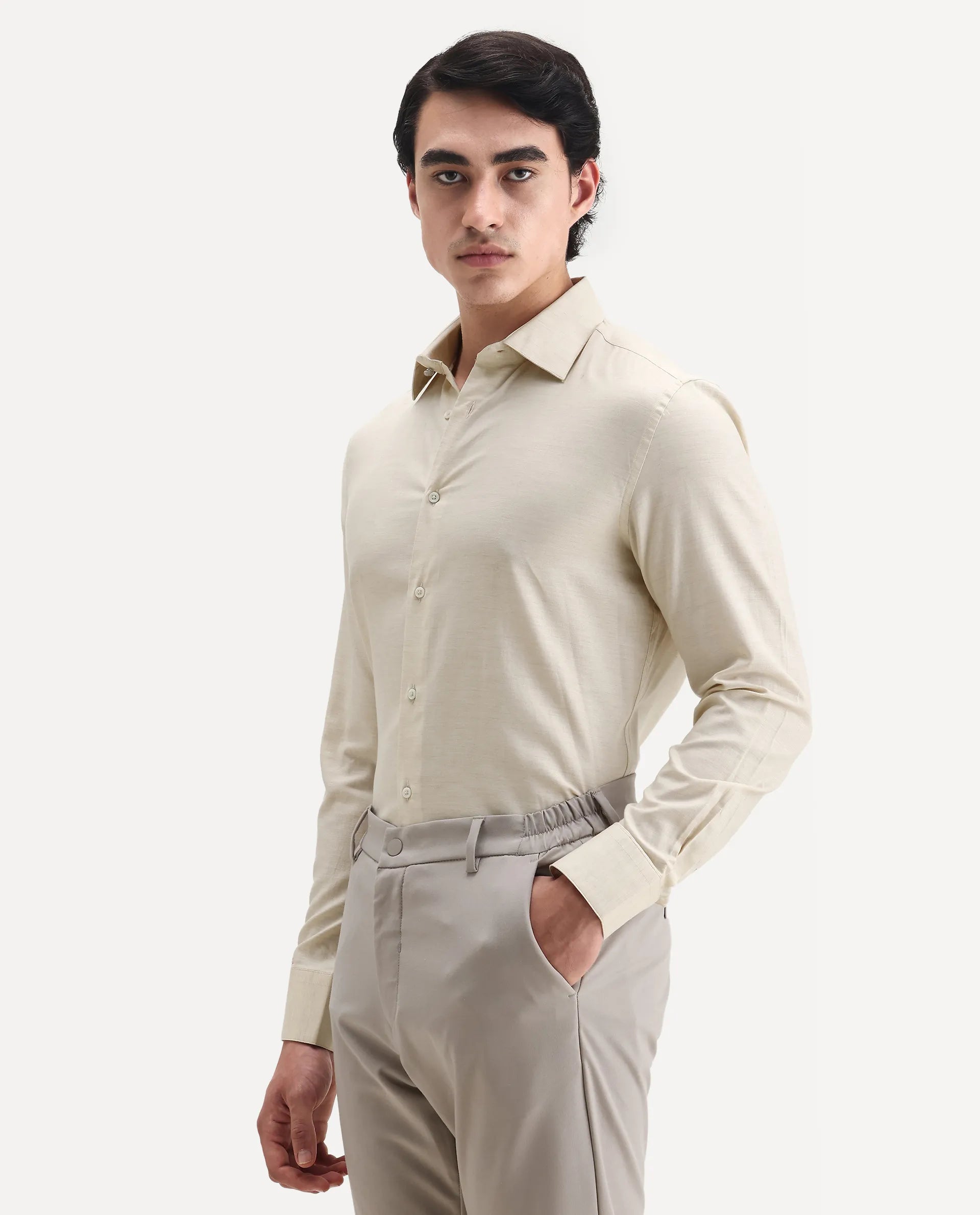 Rare Rabbit Men's Forde Off White Cotton Plain Regular Fit Full Sleeve Collared Shirt