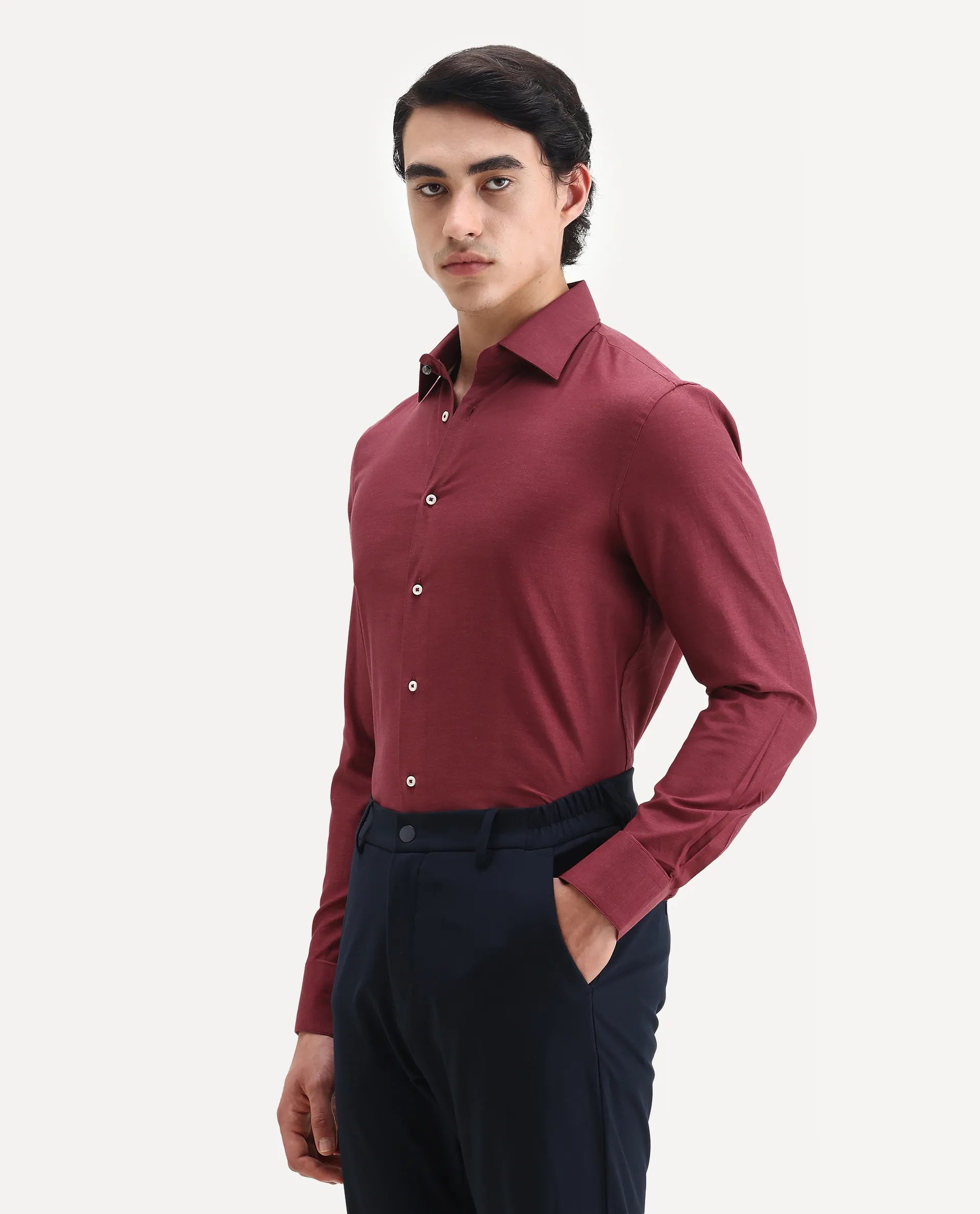 Rare Rabbit Men's Forde Red Cotton Plain Regular Fit Full Sleeve Collared Shirt