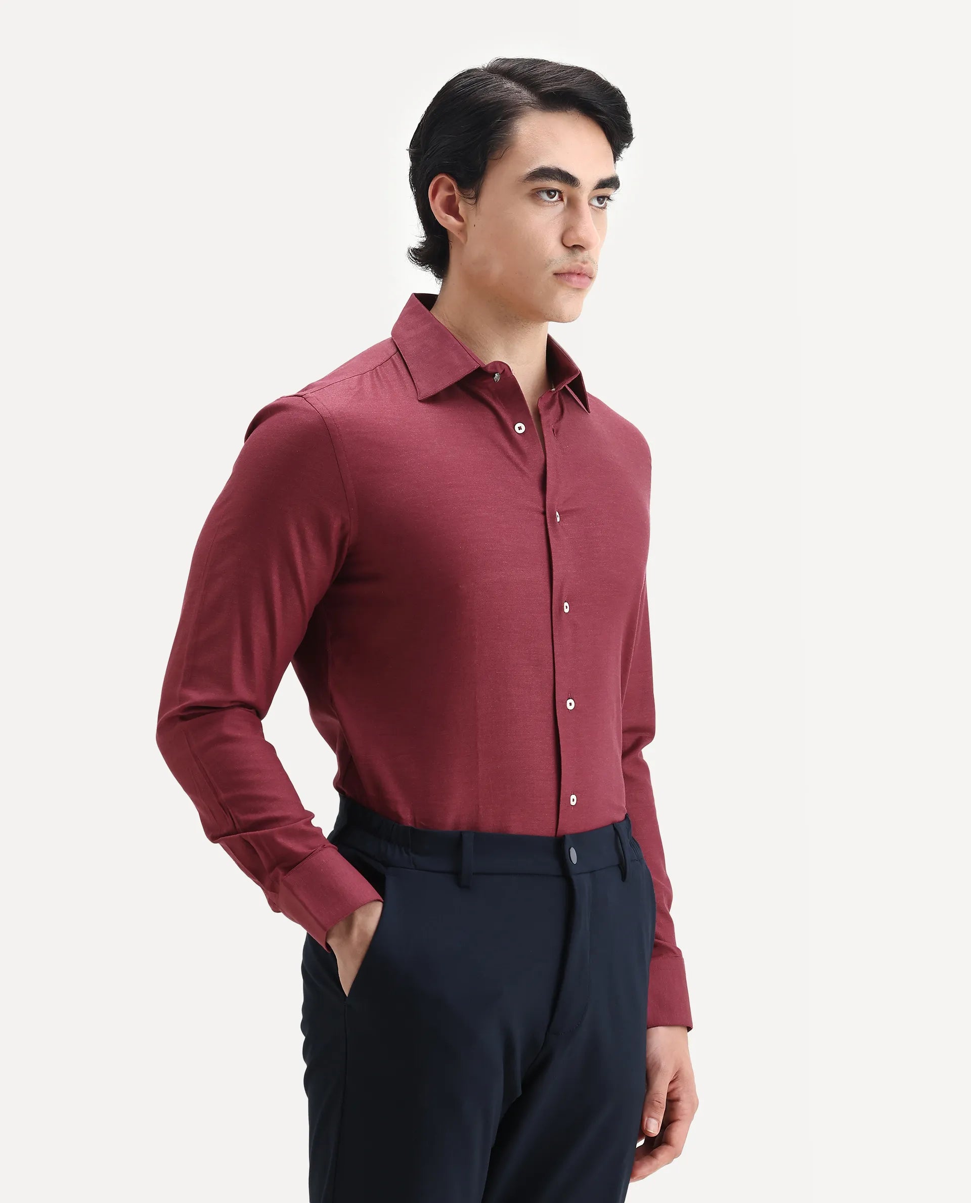 Rare Rabbit Men's Forde Red Cotton Plain Regular Fit Full Sleeve Collared Shirt