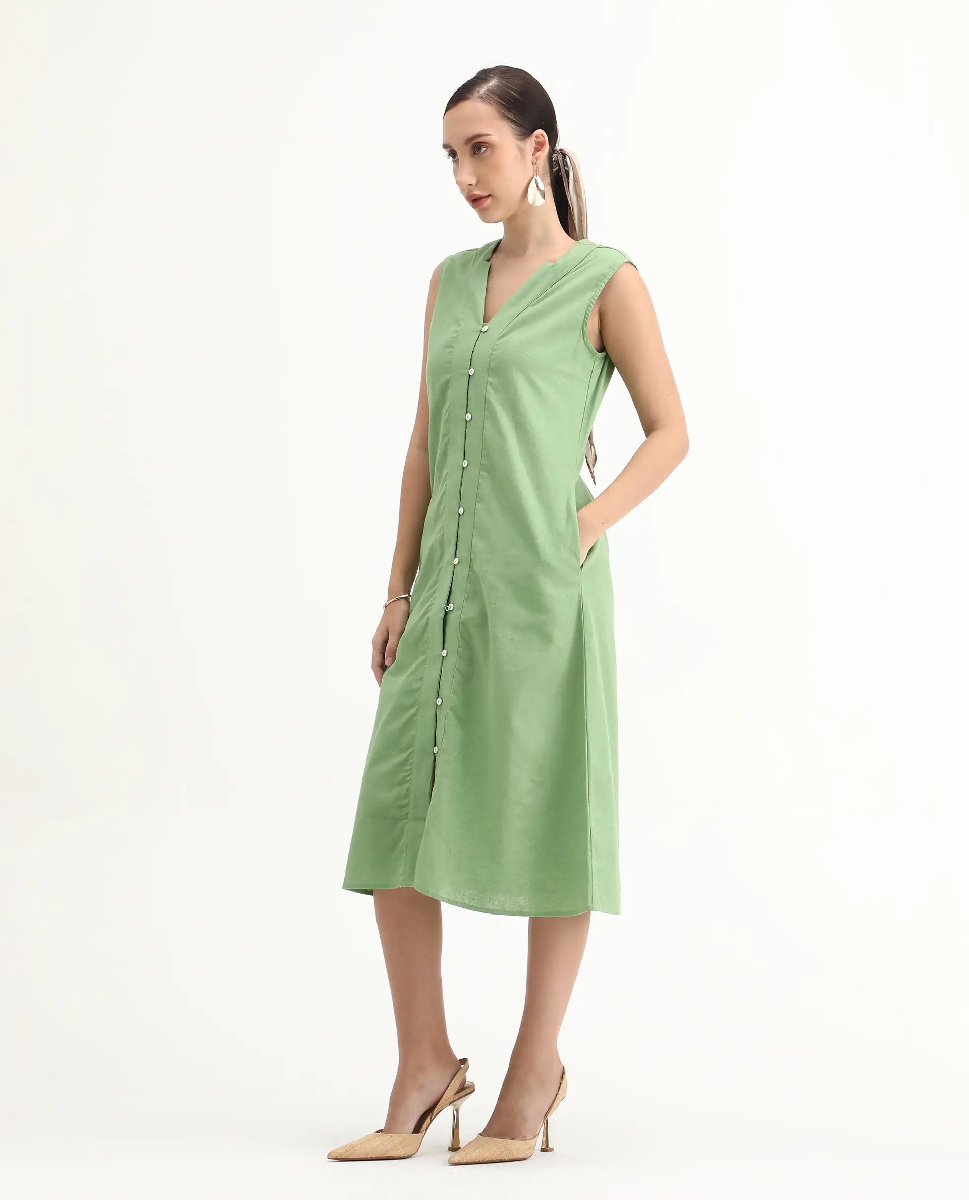 Rareism Women's Foream Pastel Green Cotton Blend V-Neck Plain Sleeveless Midi A-Line Dress