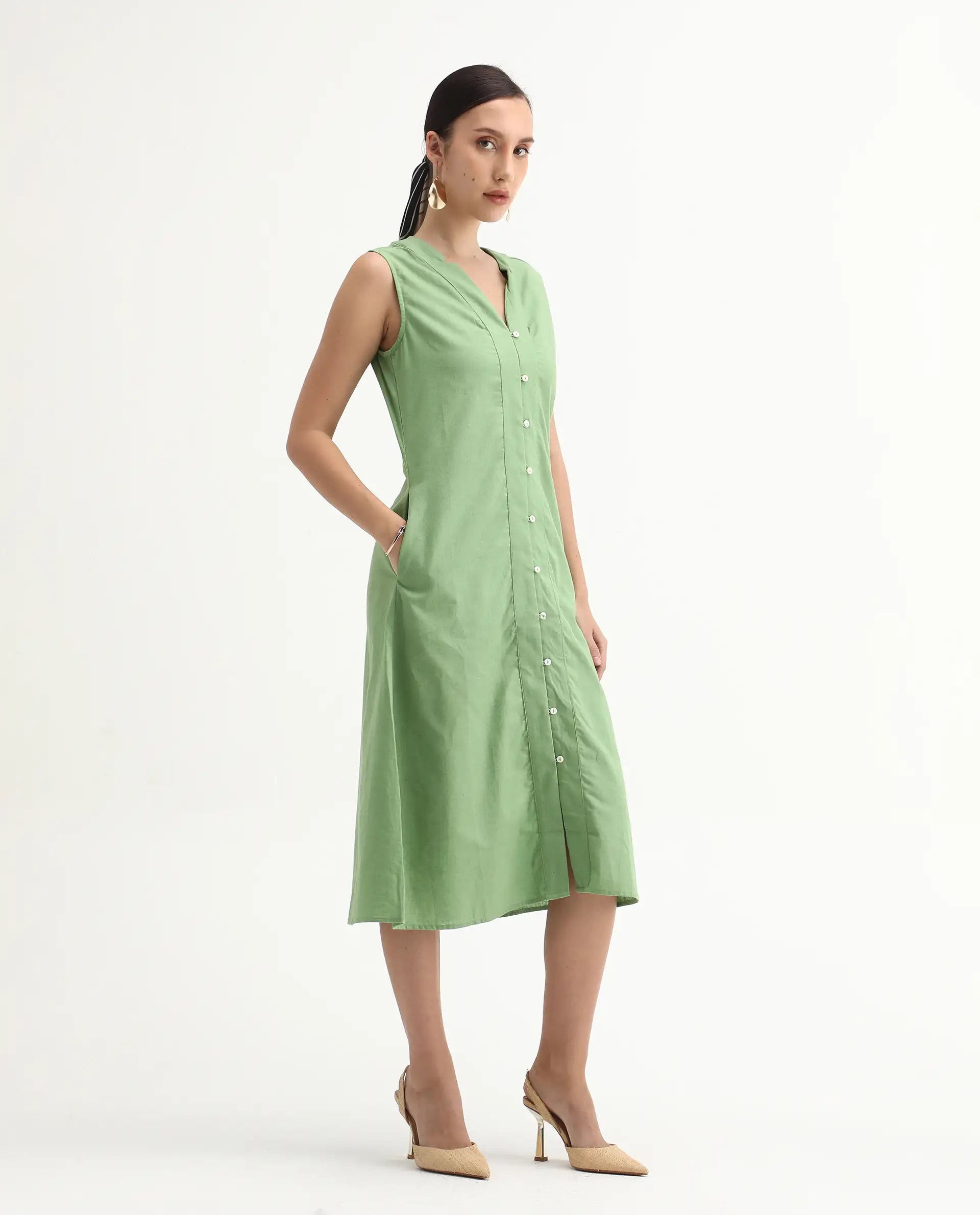 Rareism Women's Foream Pastel Green Cotton Blend V-Neck Plain Sleeveless Midi A-Line Dress