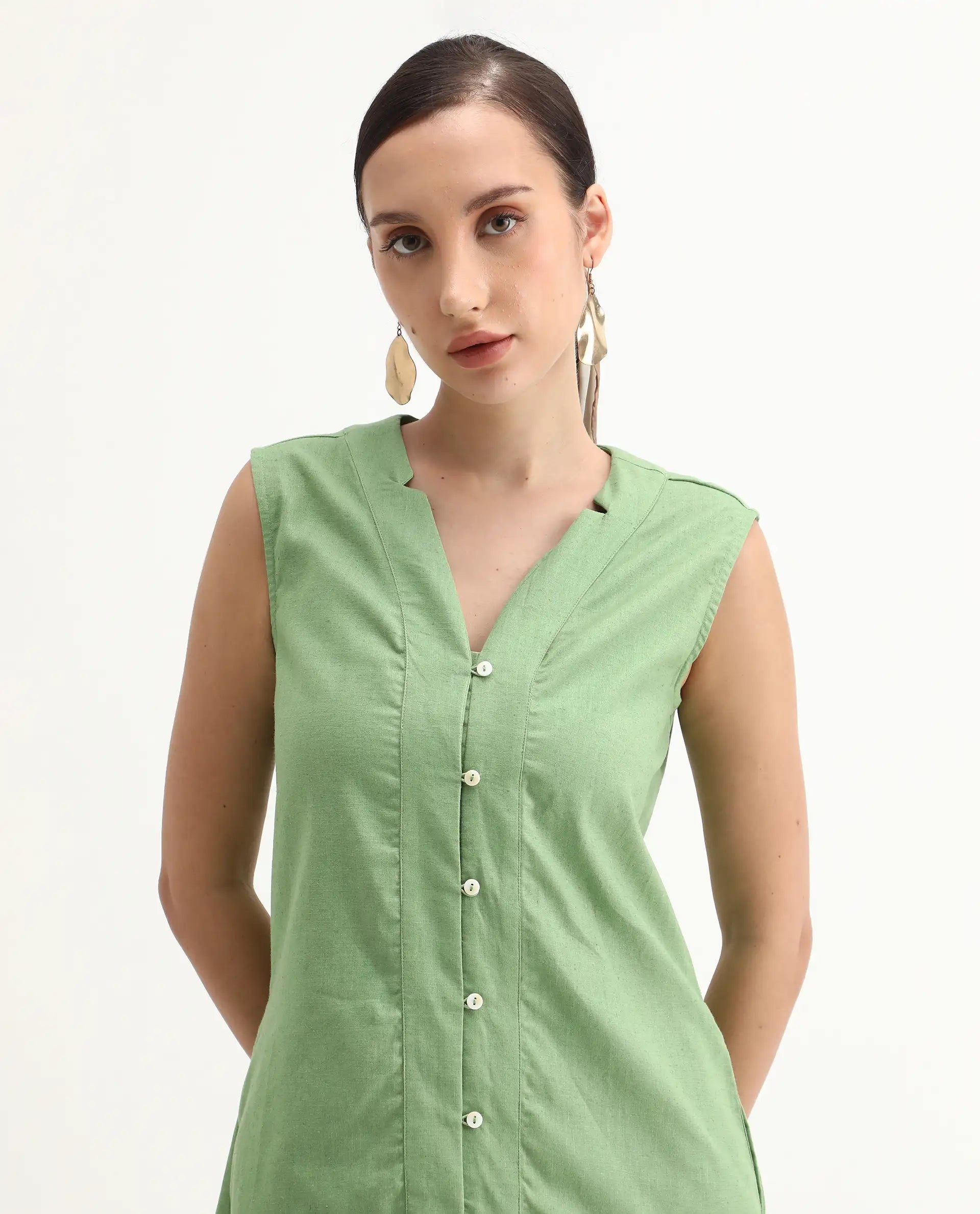 Rareism Women's Foream Pastel Green Cotton Blend V-Neck Plain Sleeveless Midi A-Line Dress