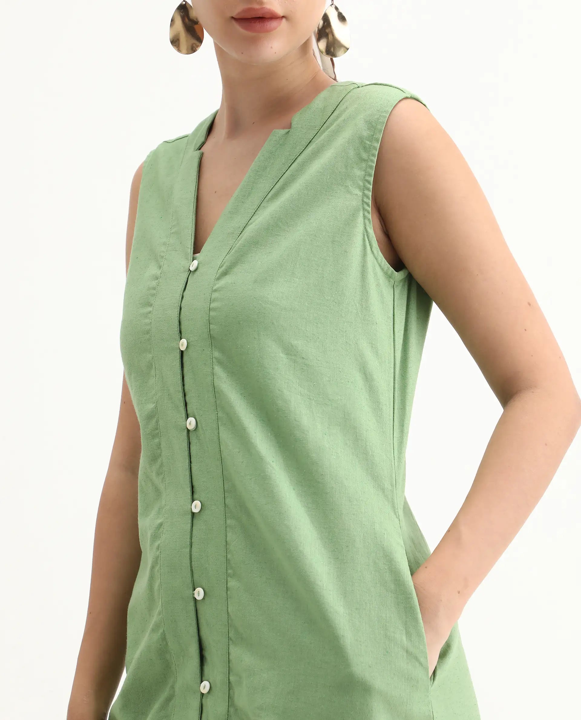 Rareism Women's Foream Pastel Green Cotton Blend V-Neck Plain Sleeveless Midi A-Line Dress