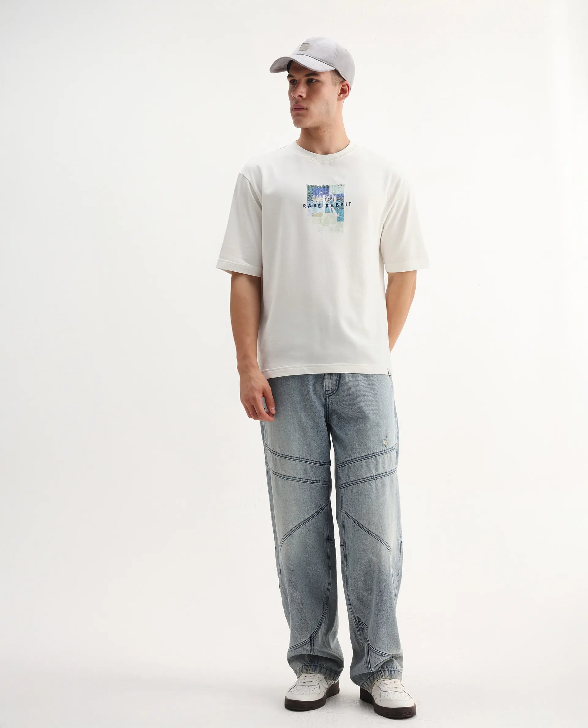 Rare Rabbit Men's Fore Off White Cotton Graphic Print Relaxed Fit Half Sleeve Crew Neck T-Shirt