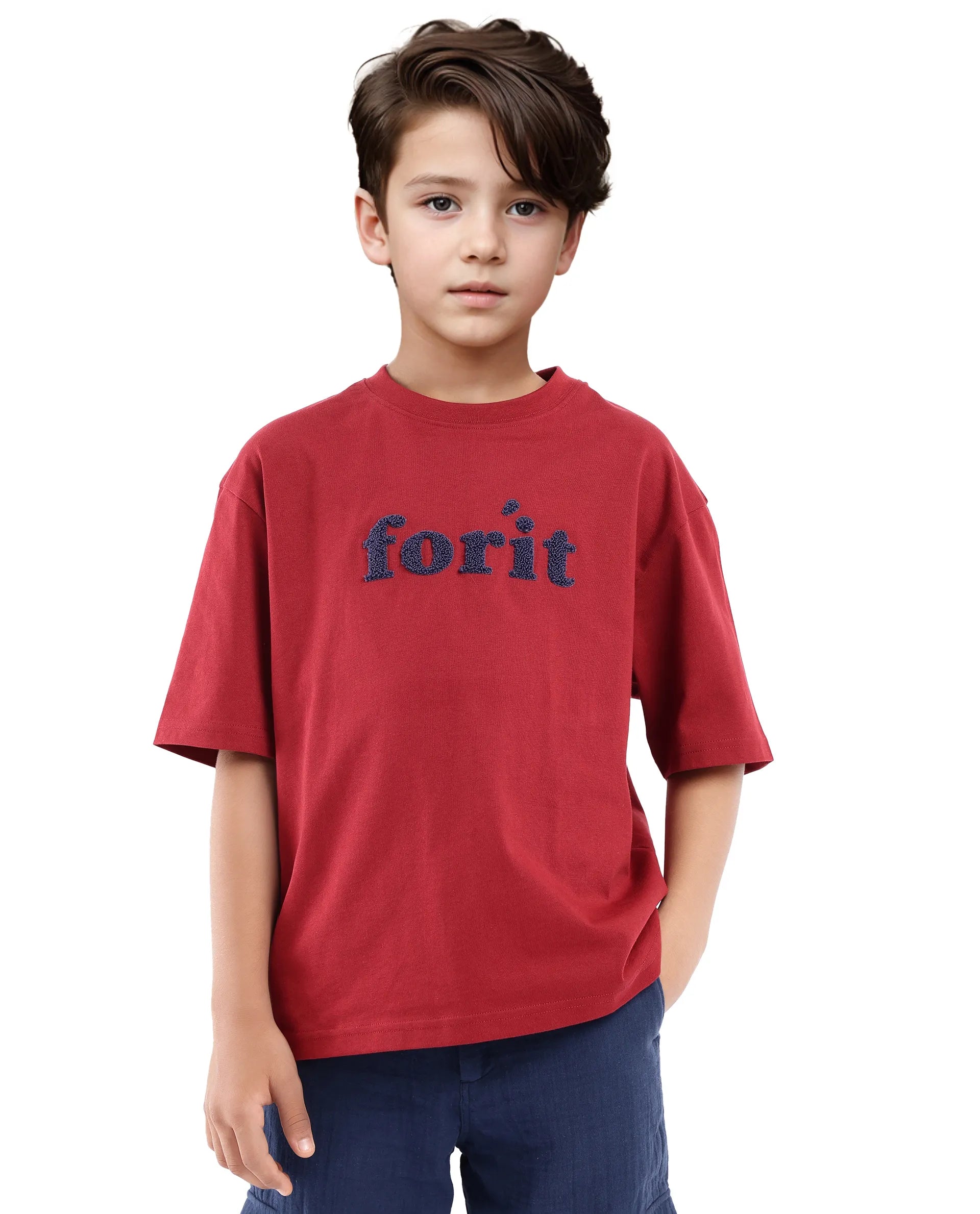 Rare Ones Kids Forit Dark Red Cotton Half Sleeves Crew Neck Towel Embroidered T-Shirt