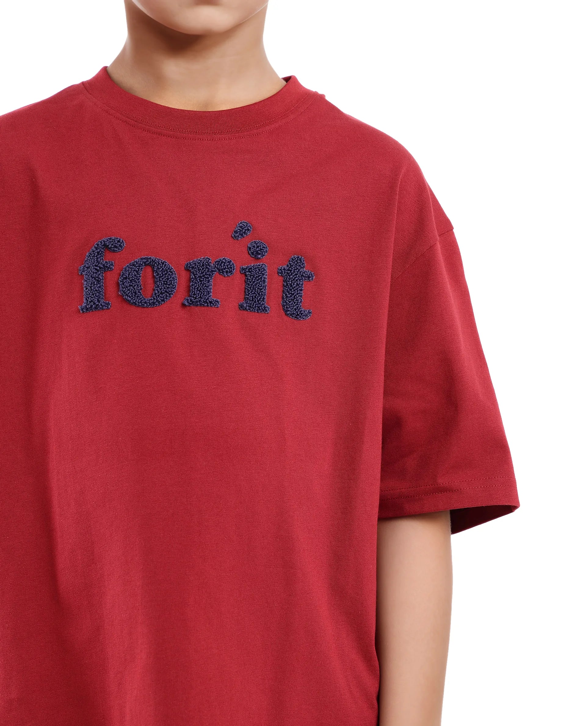 Rare Ones Kids Forit Dark Red Cotton Half Sleeves Crew Neck Towel Embroidered T-Shirt