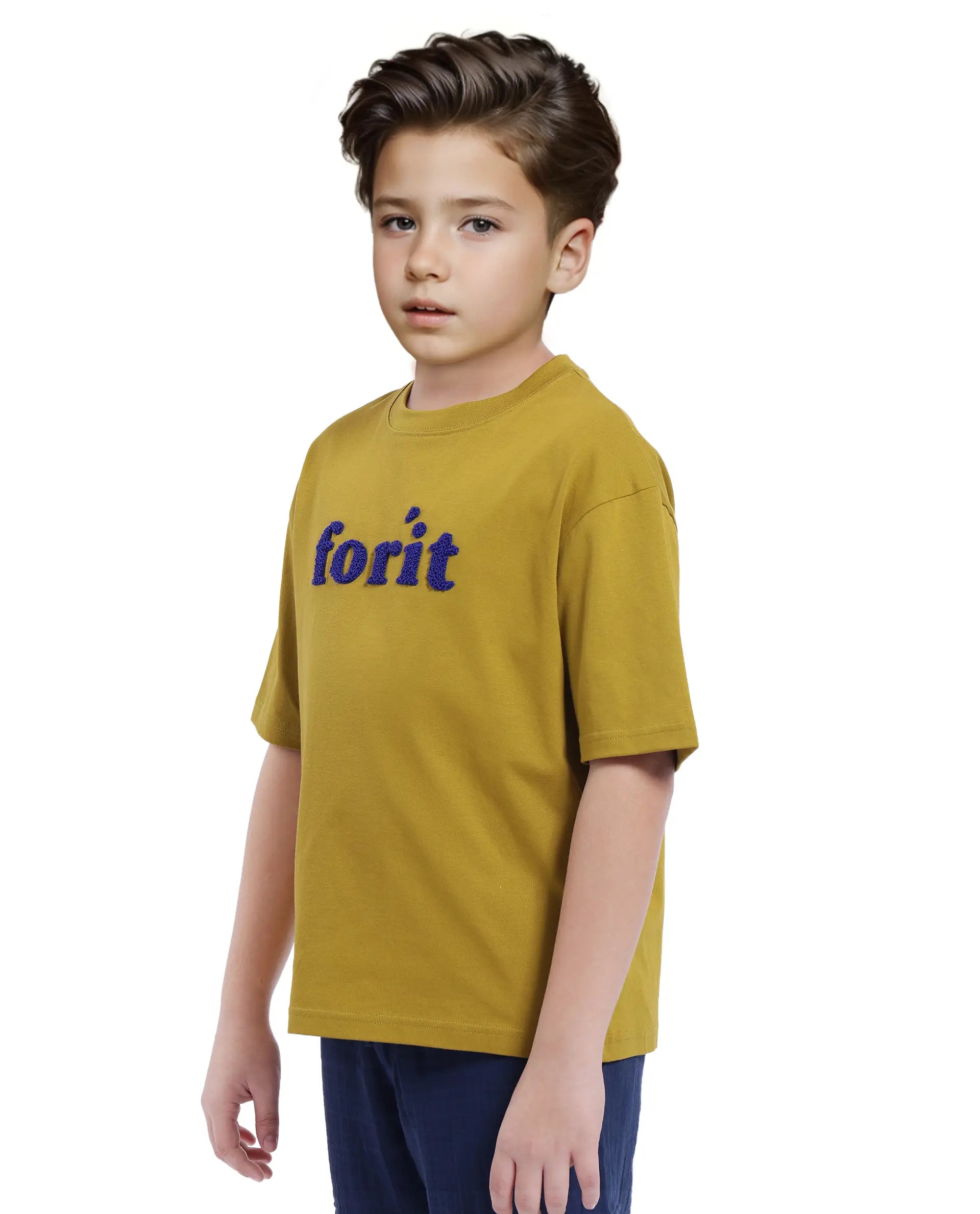 Rare Ones Kids Forit Fluorescent Green Cotton Half Sleeves Crew Neck Towel Embroidered T-Shirt