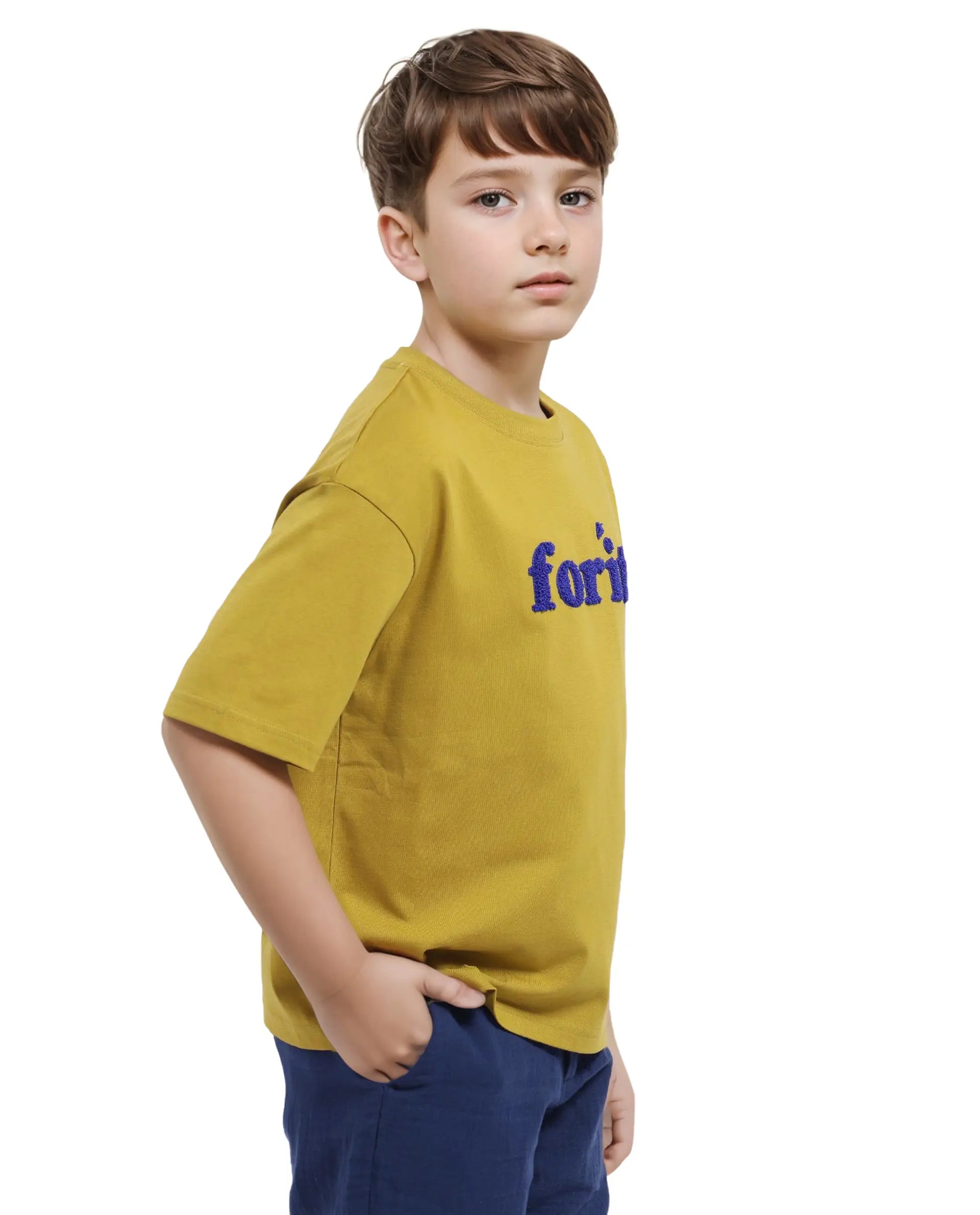 Rare Ones Kids Forit Fluorescent Green Cotton Half Sleeves Crew Neck Towel Embroidered T-Shirt