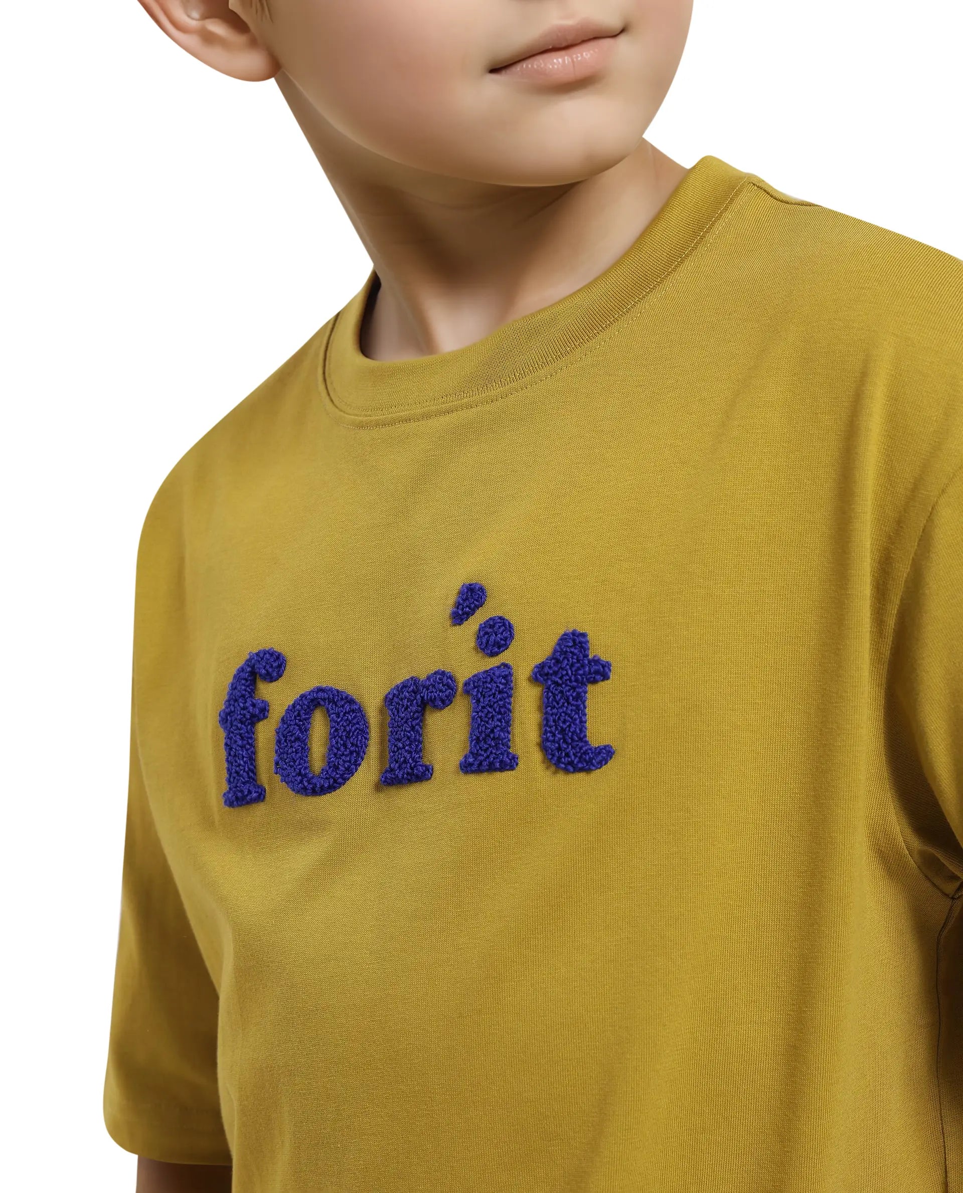 Rare Ones Kids Forit Fluorescent Green Cotton Half Sleeves Crew Neck Towel Embroidered T-Shirt