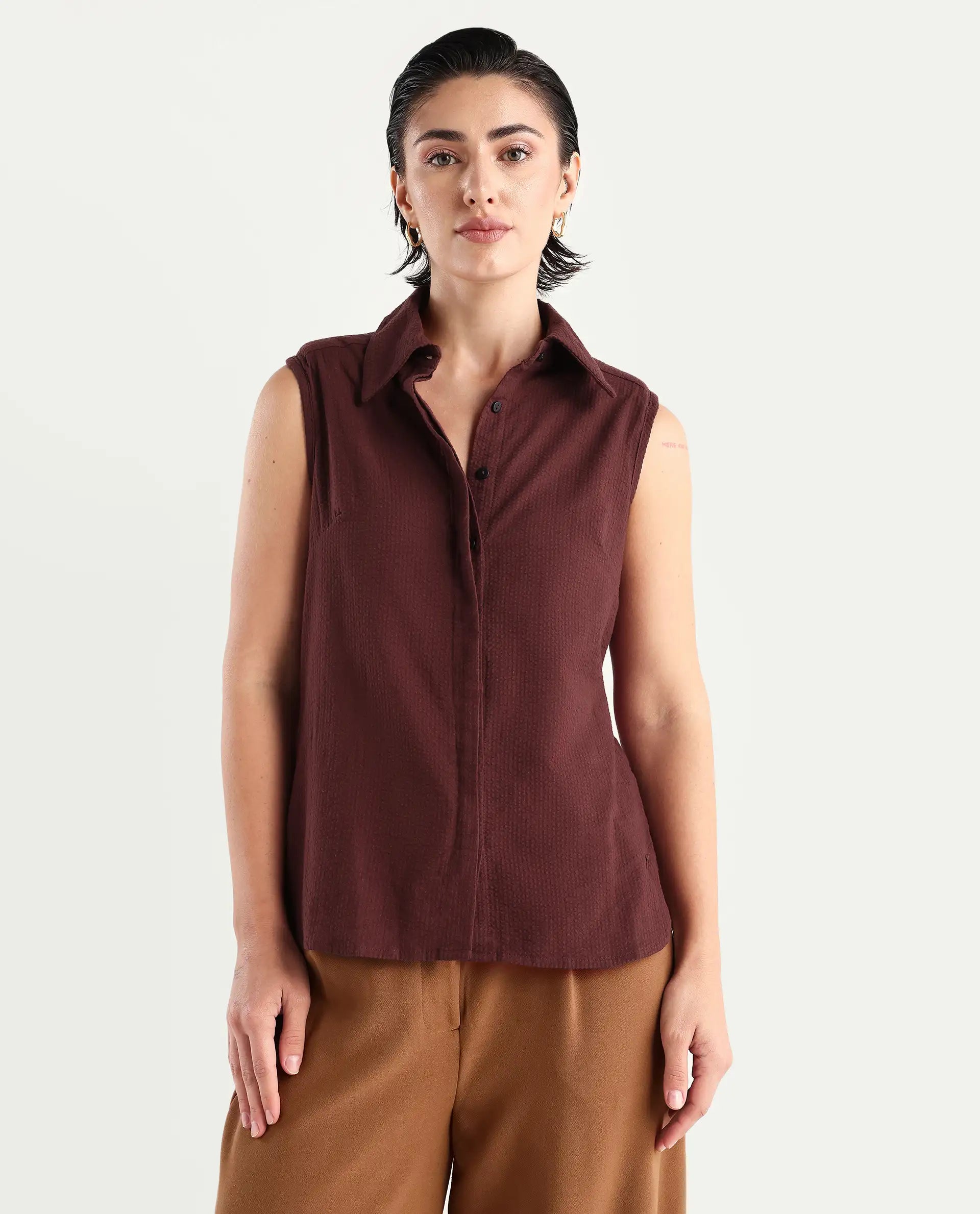 Rareism Women's Forli Brown Cotton Blend Drop Collar Plain Sleeveless Regular Fit Shirt