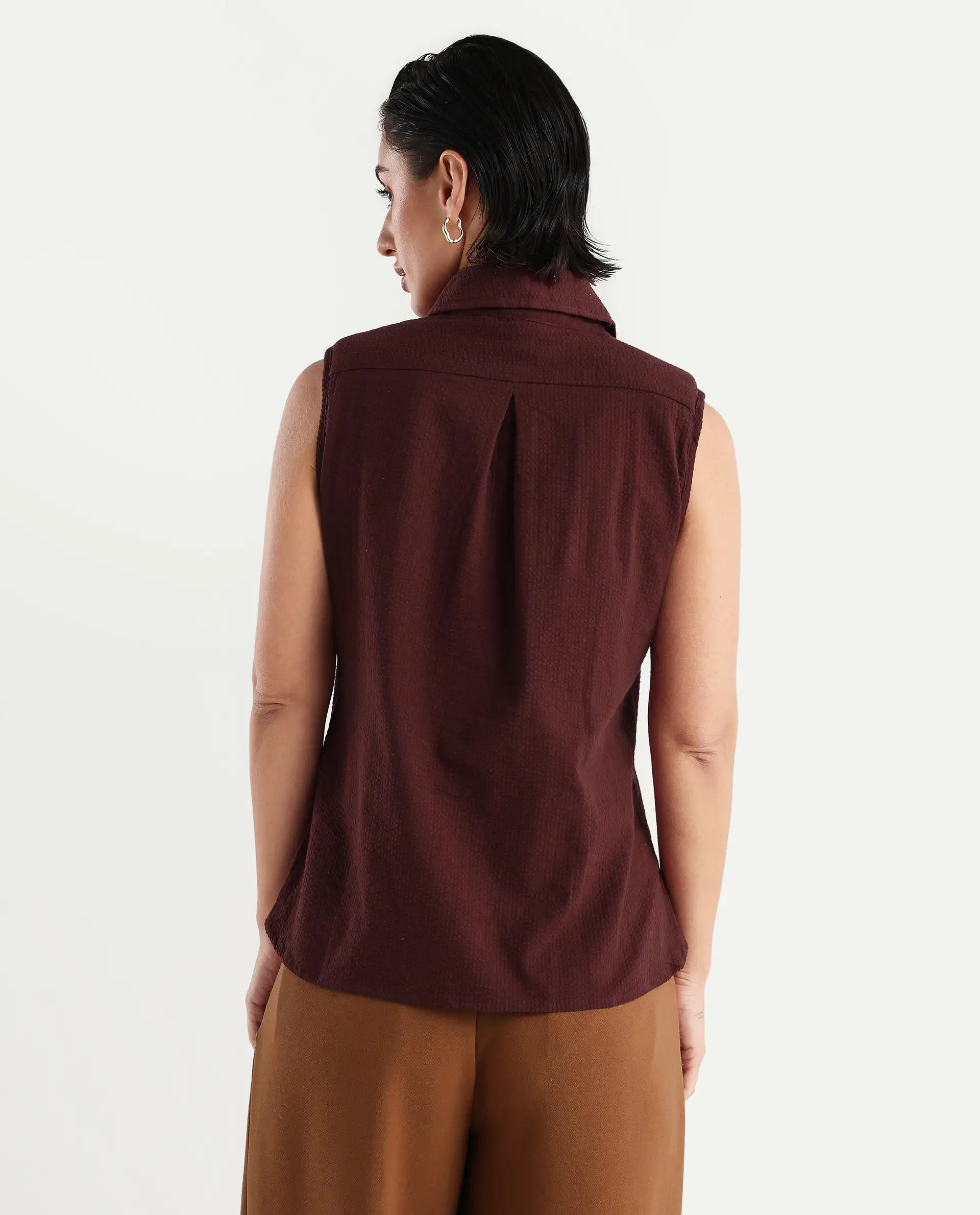 Rareism Women's Forli Brown Cotton Blend Drop Collar Plain Sleeveless Regular Fit Shirt