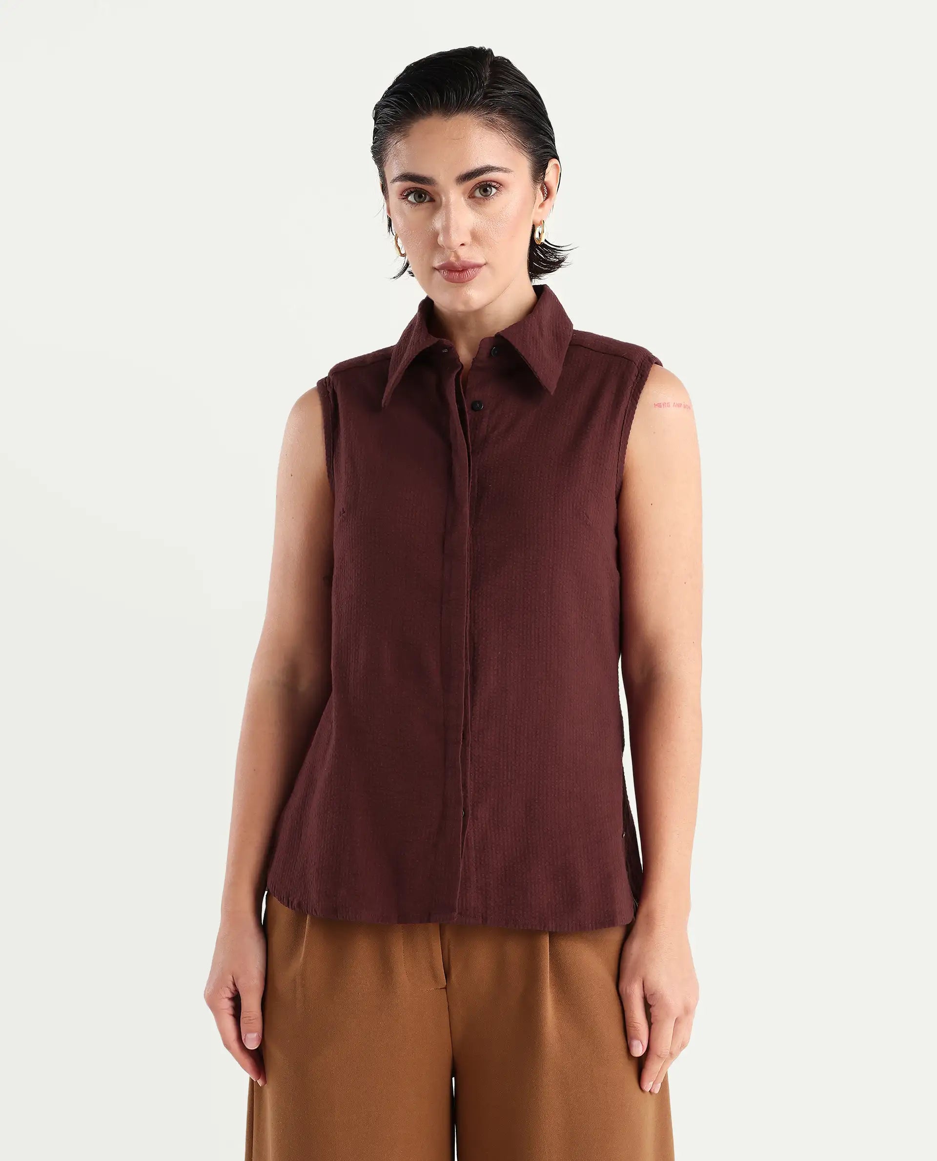 Rareism Women's Forli Brown Cotton Blend Drop Collar Plain Sleeveless Regular Fit Shirt